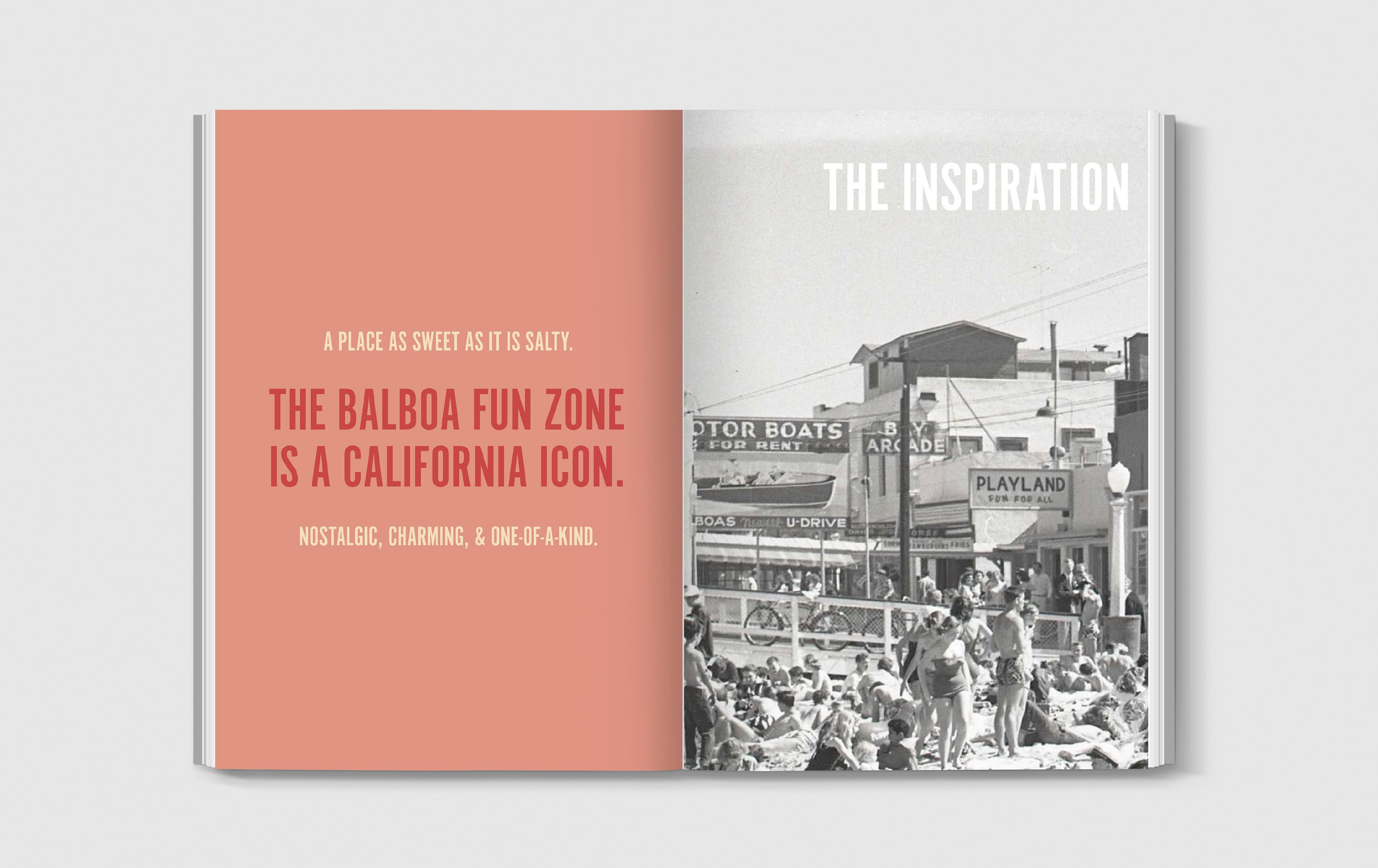 An open brand concept book spread for Balboa Fun Zone featuring a coral left page declaring "The Balboa Fun Zone is a California Icon — Nostalgic, Charming, and One-of-a-Kind" alongside a vintage black and white archival photograph of the original waterfront boardwalk with Motor Boats for Rent, Bay Arcade, and Playland signage and beachgoers — illustrating RSM Design's research-driven, culturally rooted approach to branding and visual identity and placemaking within the waterfront and mixed-use markets