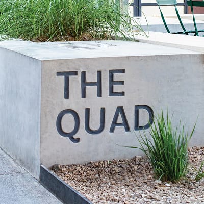 Close-up of a concrete planter or low wall with "The Quad" in dark dimensional lettering mounted on its face. Ornamental grasses grow from the top of the planter, with gravel landscaping and a paved walkway at its base.