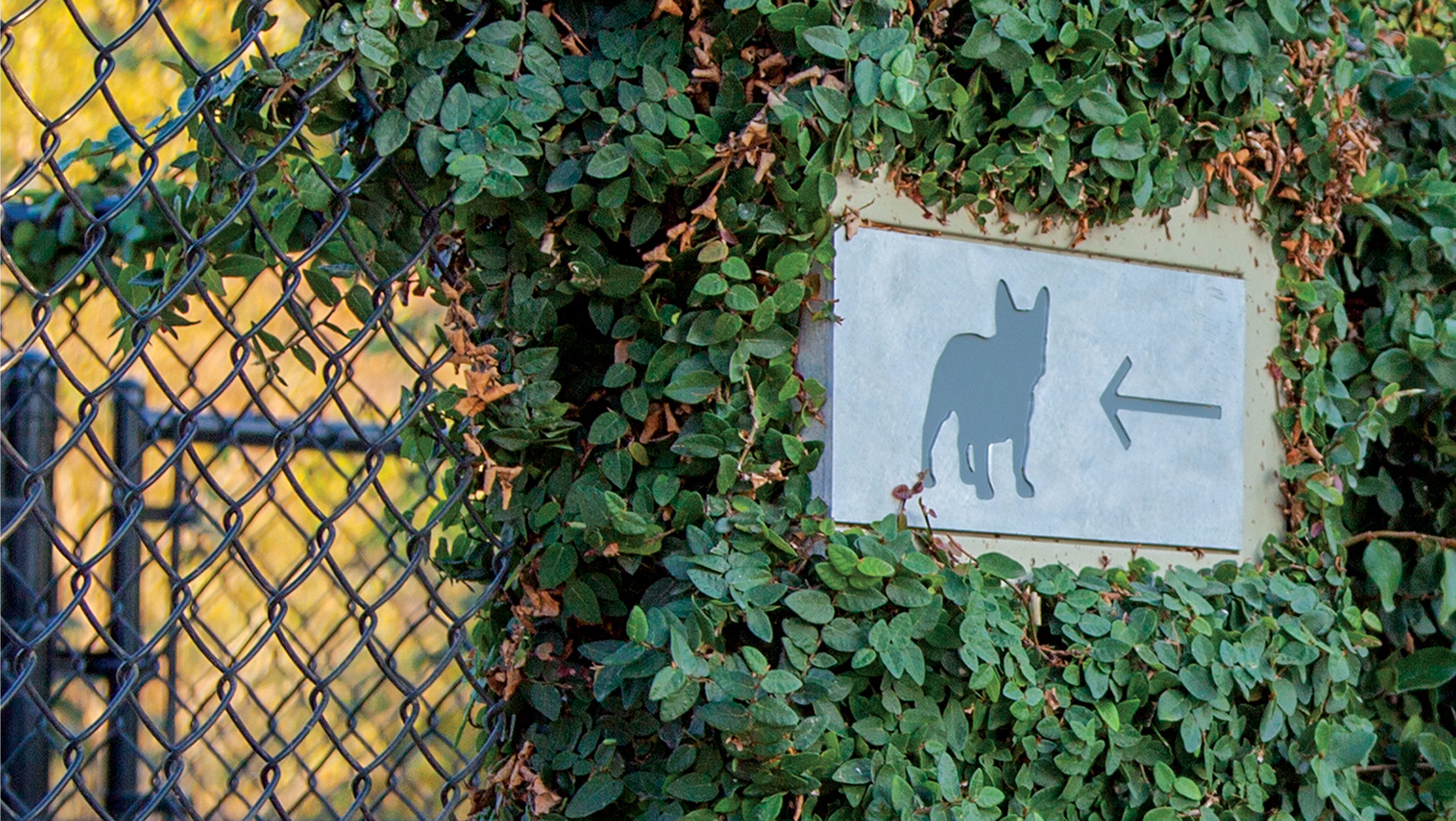 Wayfinding signage designed by RSM Design, featuring a dog silhouette icon and directional arrow, mounted on a fence and surrounded by greenery, pointing toward a dog park in Playa Vista.