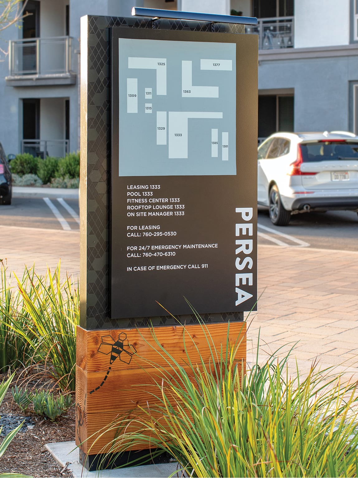 Persea residential community directory sign with building map and leasing information, wayfinding design by RSM Design