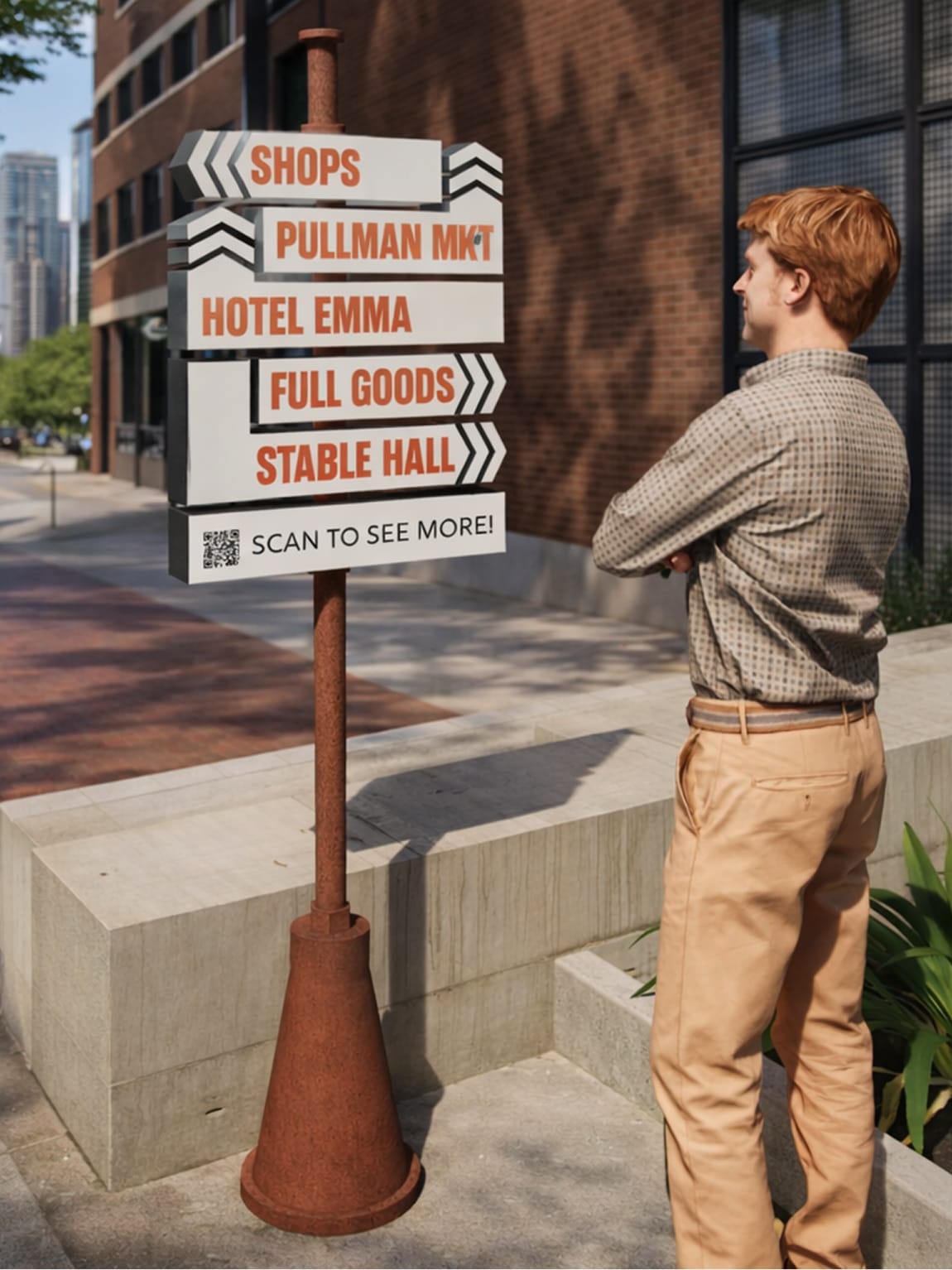 Wayfinding signage in San Antonio’s Pearl District directing visitors to Shops, Pullman Market, Hotel Emma, Full Goods, and Stable Hall, featuring pedestrian-oriented design, branded graphics, and integrated QR code for digital navigation.
