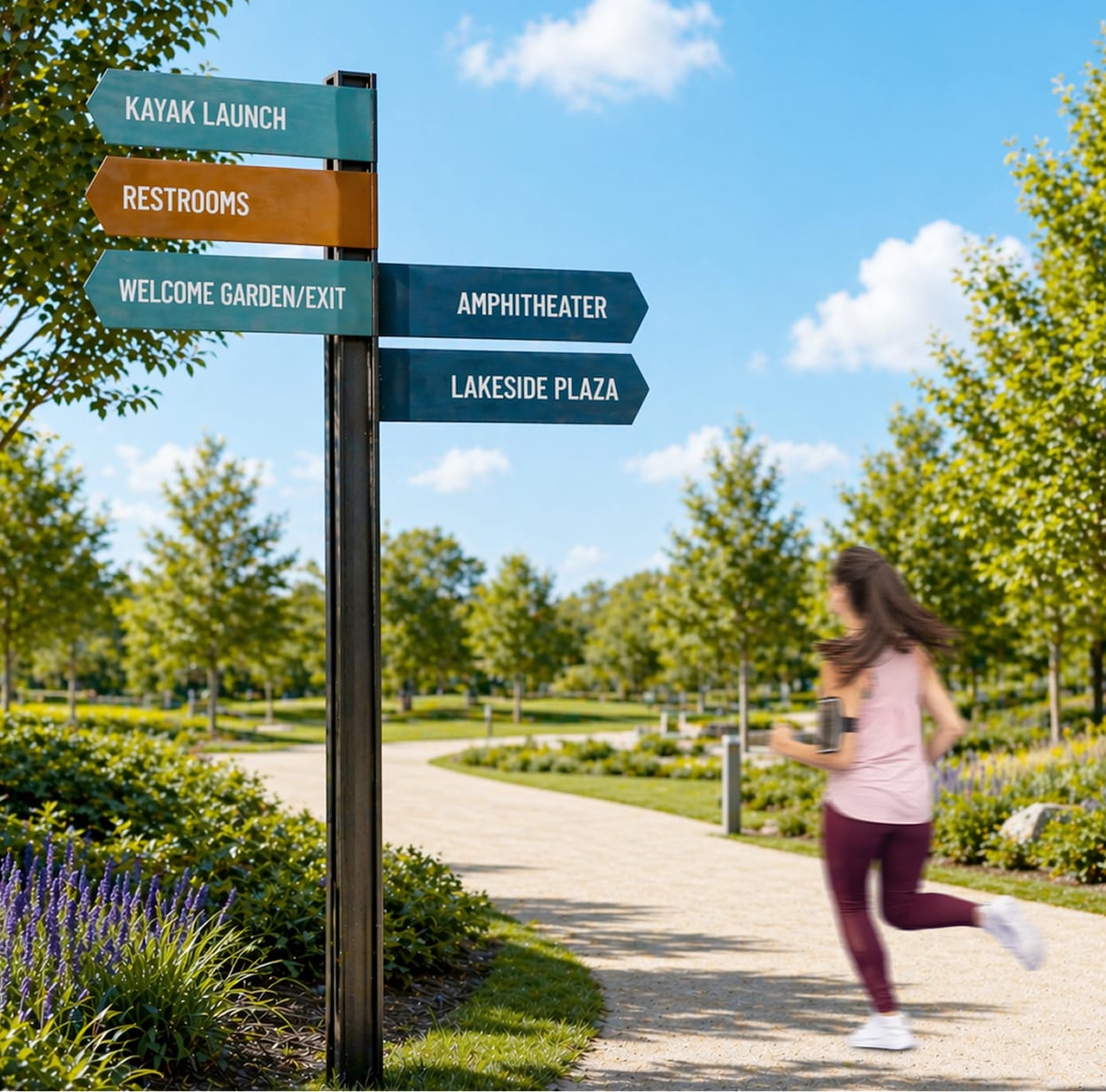 Teal and amber directional sign post at Grand Park pointing to Kayak Launch, Restrooms, Welcome Garden/Exit, Amphitheater, and Lakeside Plaza, with a jogger passing by on a winding park path.