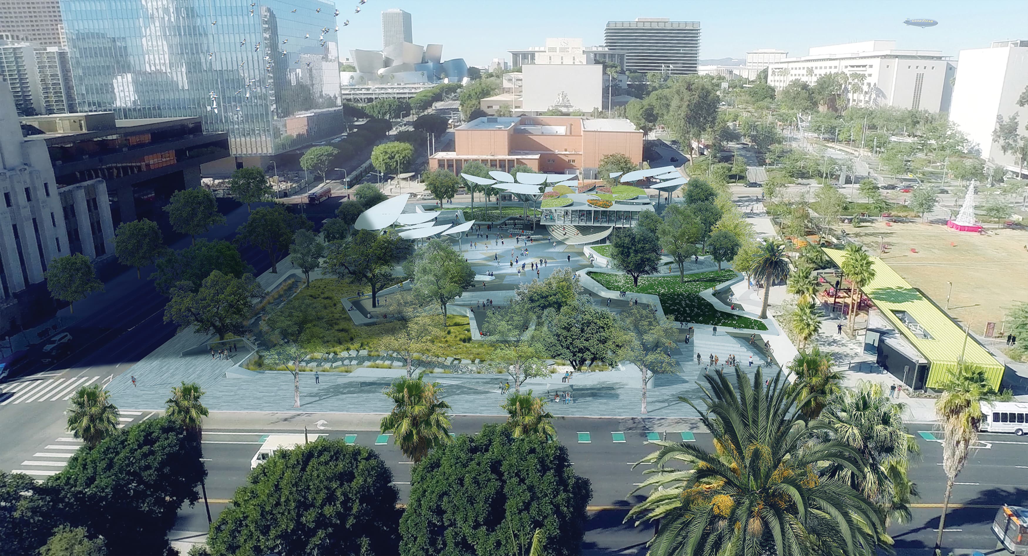 An aerial rendering of the First and Broadway (FAB) Park project.