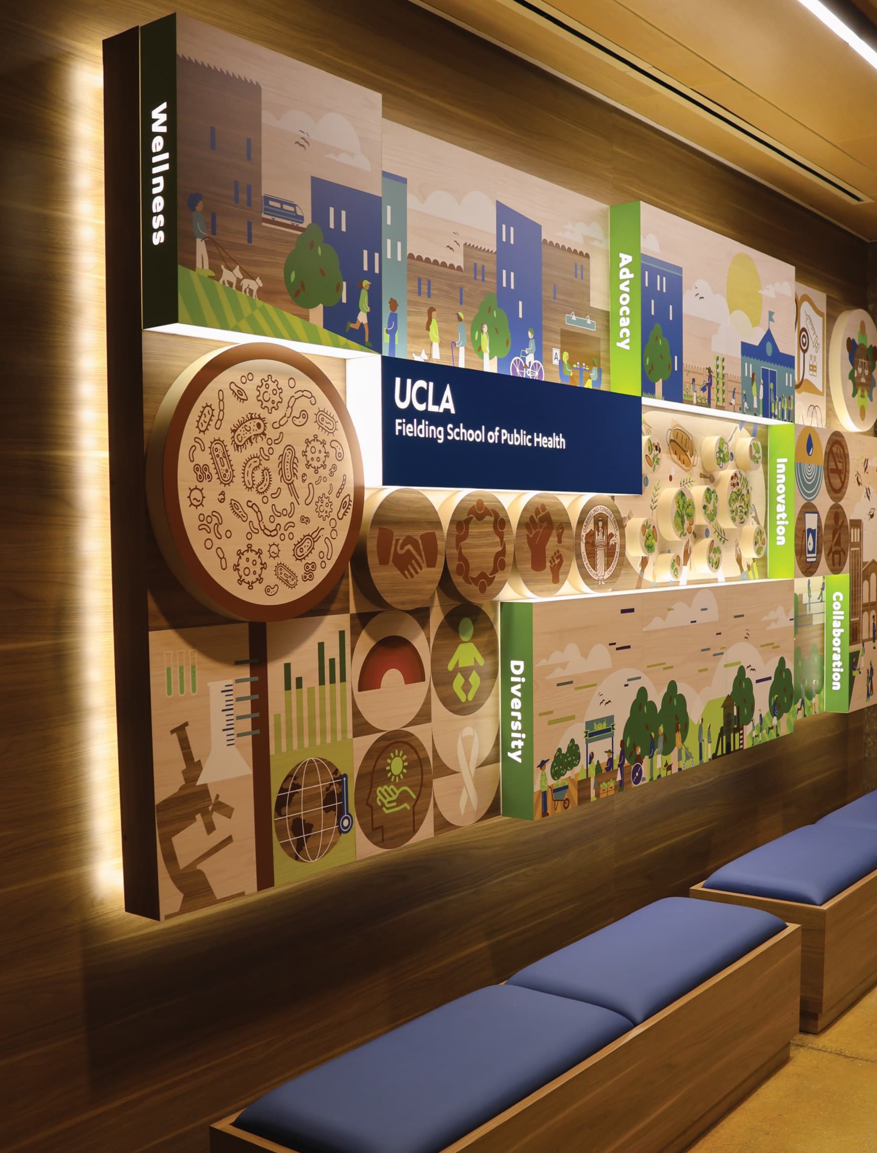 The wall in the image is part of the permanent exhibition designed by RSM Design for the UCLA Fielding School of Public Health's 60th anniversary. It features a vibrant and informative display with a variety of graphic elements and icons. Key public health themes such as Inclusion, Equity, Evidence, Prevention, Community, and Impact are highlighted on the wall, each with its own distinct section. The design includes detailed illustrations, representing different aspects of public health and the school's contributions to the field. The wall is well-lit and incorporates wooden textures with colorful visual elements, making the information engaging and accessible. There are also seating benches integrated into the design, inviting viewers to spend time interacting with the exhibit.