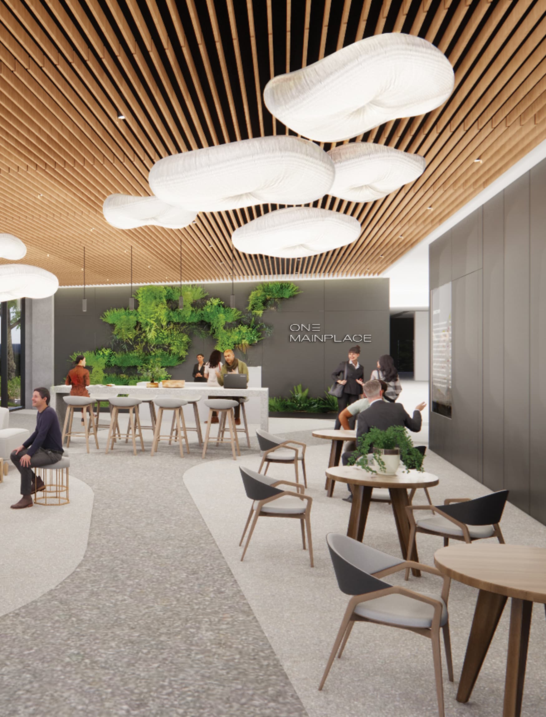 Interior rendering of lobby area with tables, green wall, and people meeting with each other. 