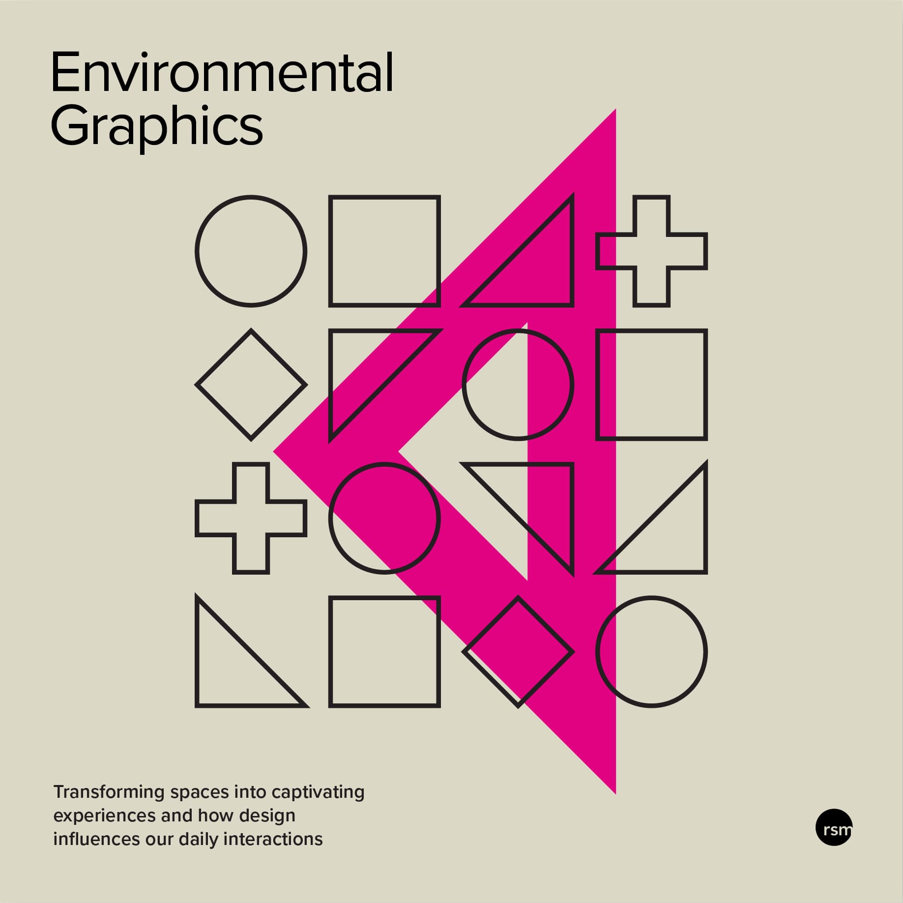 A graphic book cover looking topic series poster for Environmental Graphic Design articles from RSM Design with graphic shapes in a grid and a large magenta arrow in the background.