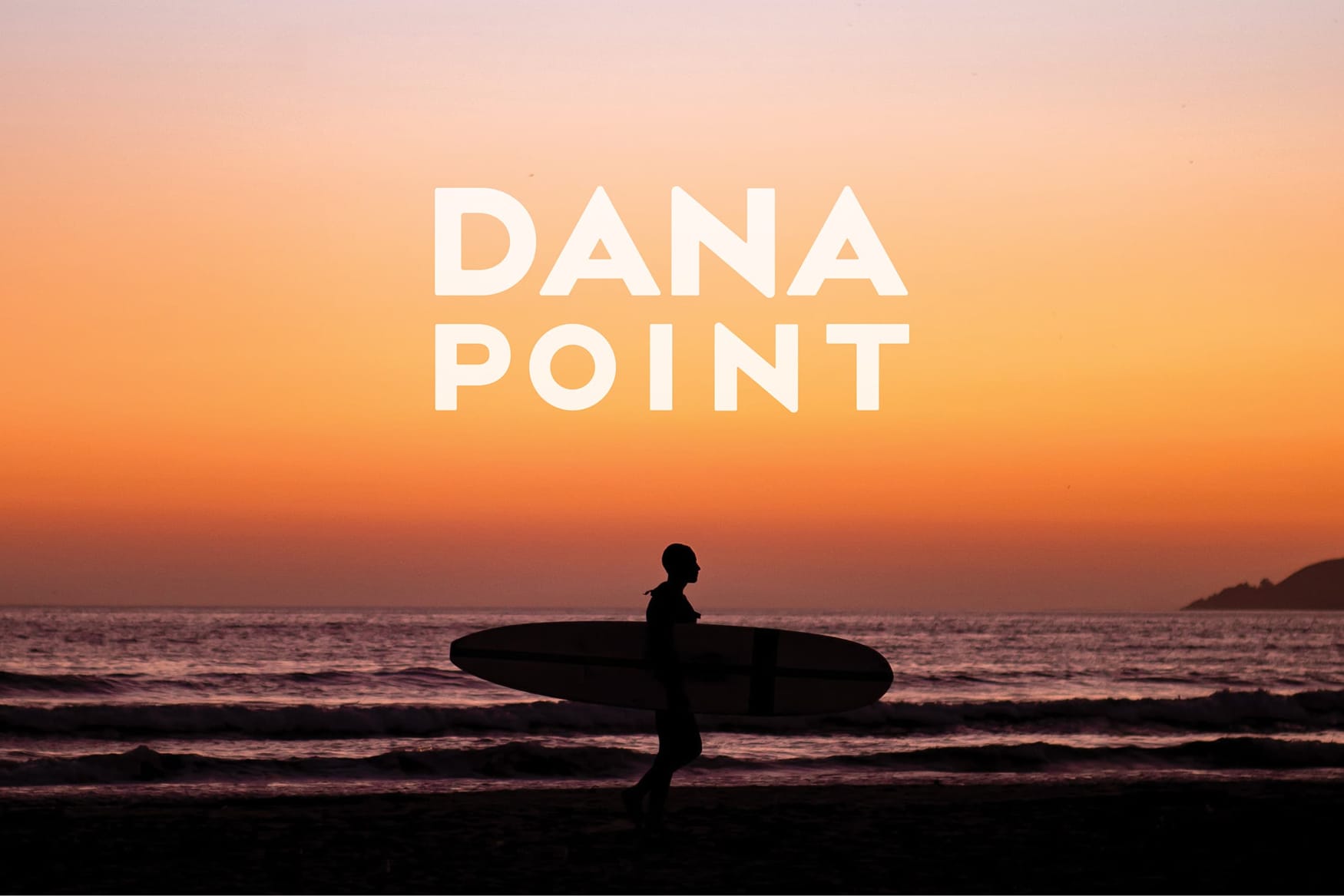 "Dana Point" wordmark over a silhouetted surfer on the beach at sunset, brand identity by RSM Design