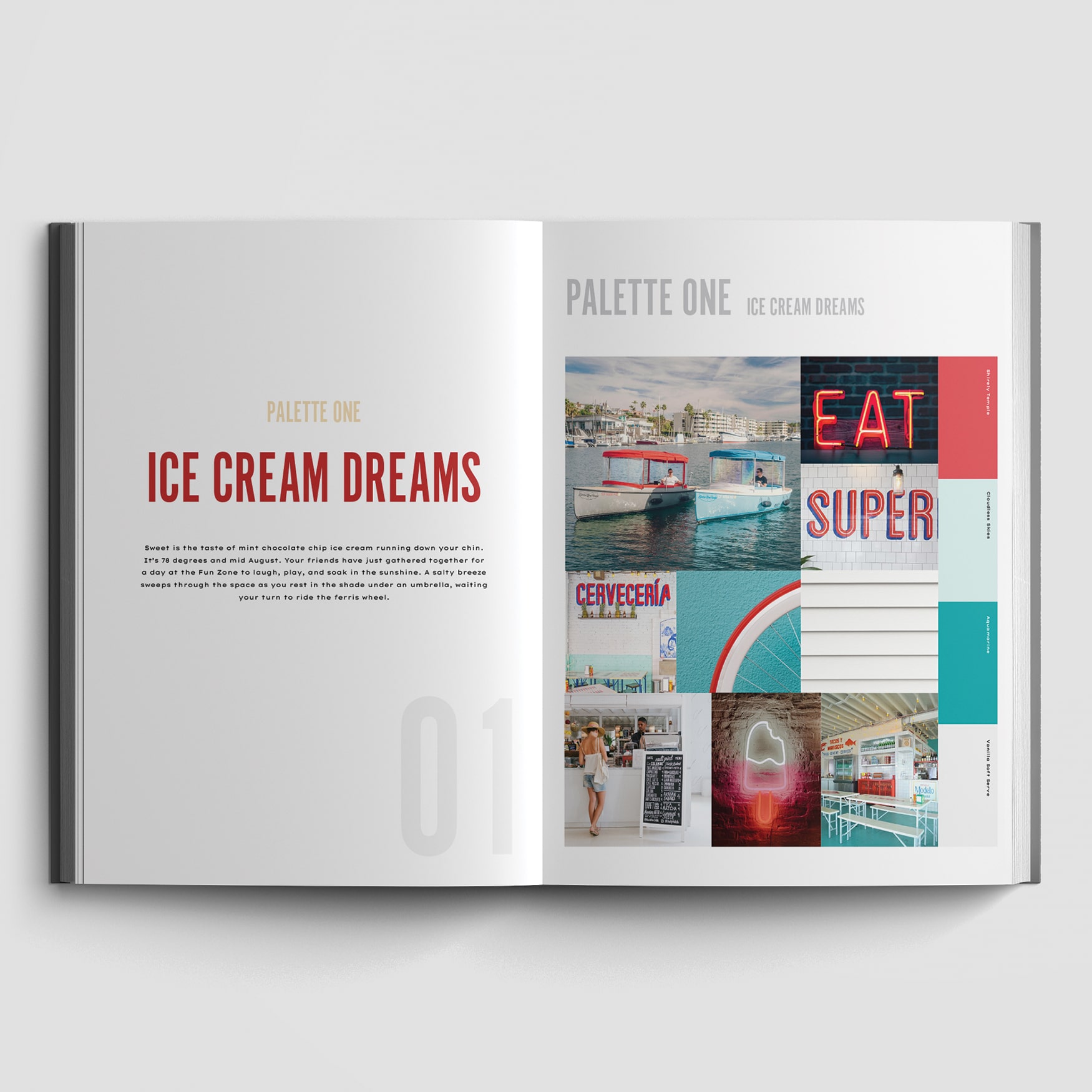 A book open to a spread of the "Ice Cream Dreams" color palette of the Balboa Fun Zone. The spread contains inspirational imagery of colors and typography that emulate the proposed palette for Balboa Fun Zone in Newport Beach, California.