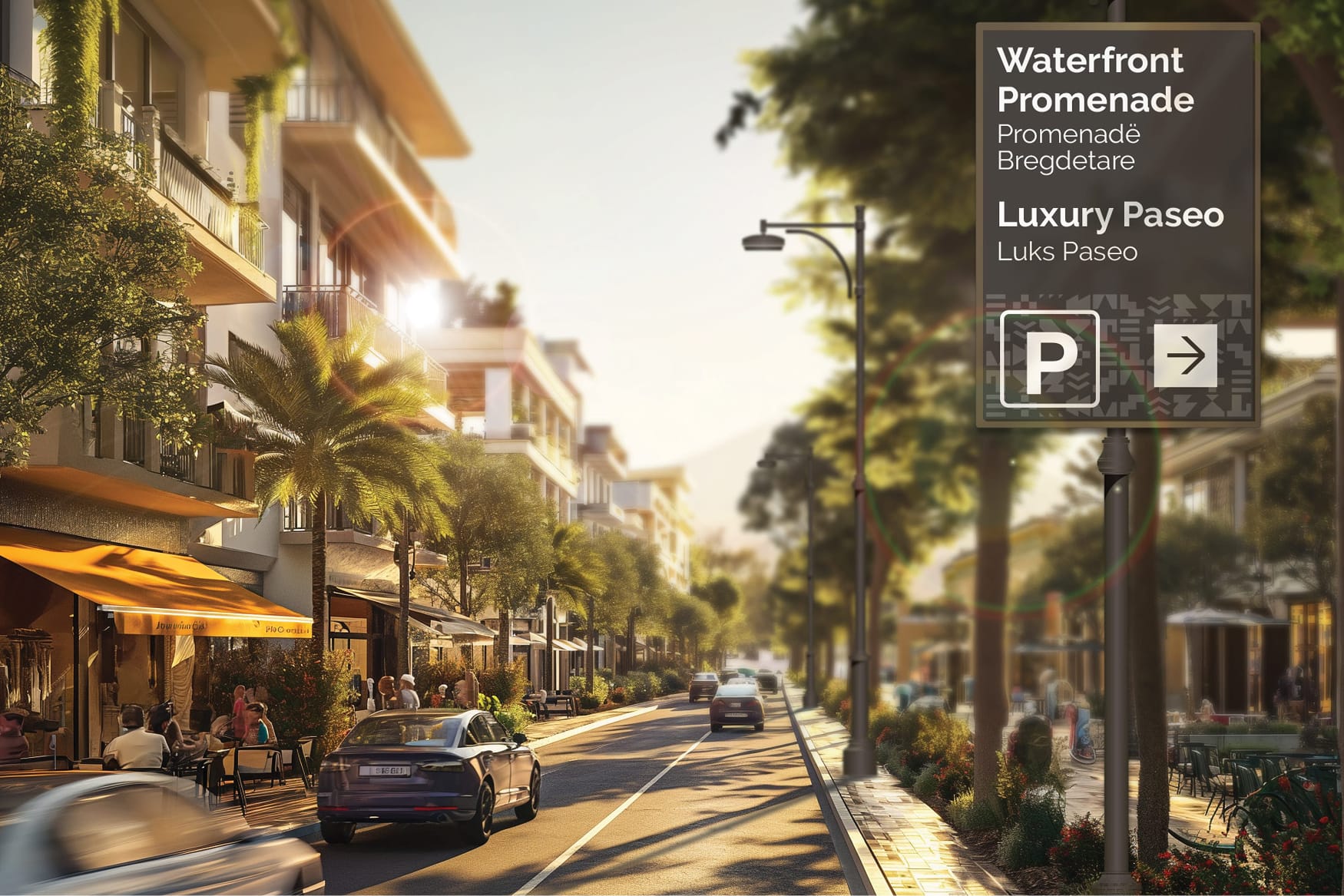 Pedestrian-scaled wayfinding signage integrates seamlessly into the streetscape, guiding visitors to key destinations while reinforcing a cohesive visual language across the district.