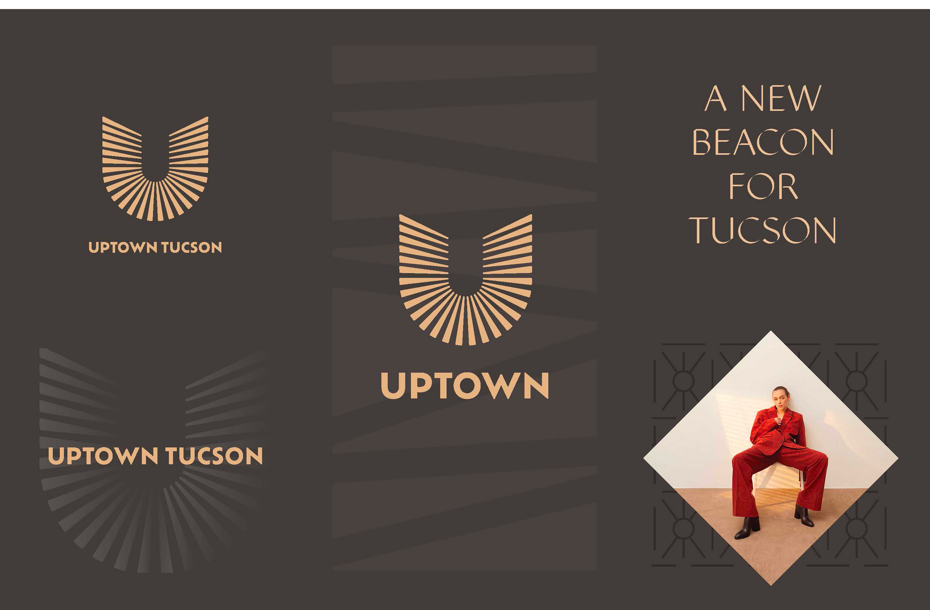 Uptown Tucson brand identity mood board, showing logo lockups, the tagline A New Beacon for Tucson, and a fashion-forward campaign photo in a diamond frame, branding by RSM Design