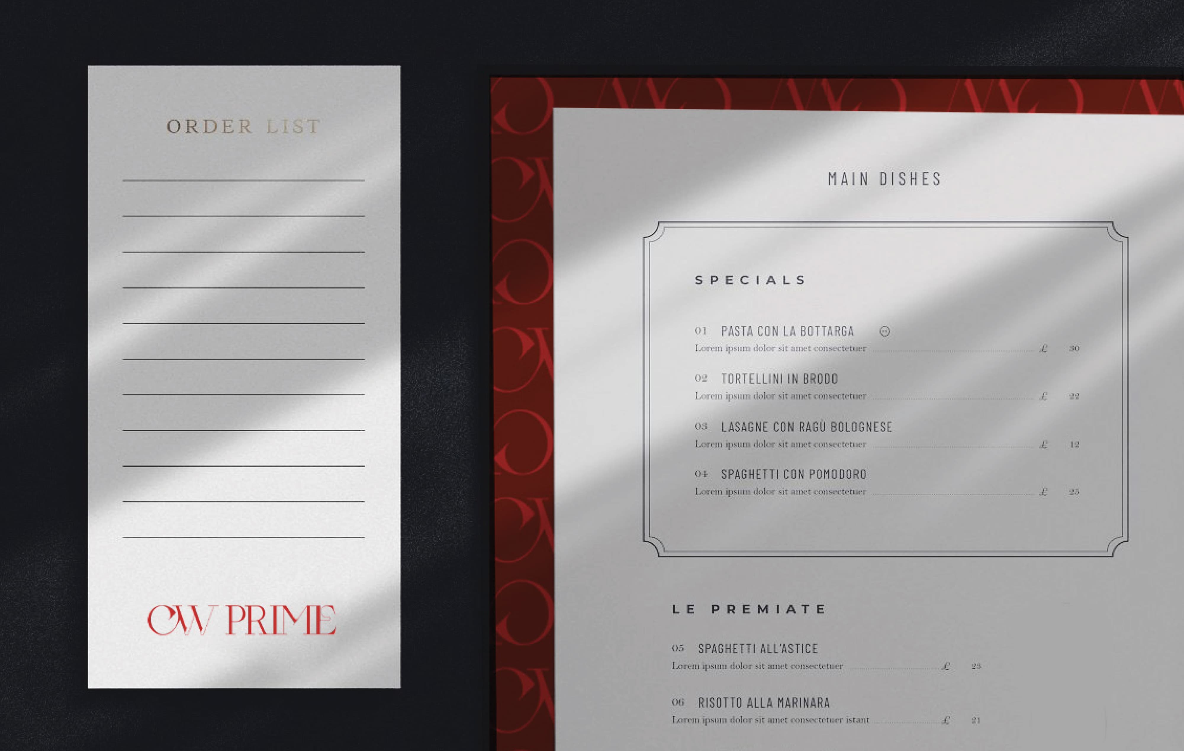 CW Prime branded restaurant menu and order list print collateral featuring crimson monogram pattern cover, elegant typography, and refined layout design — RSM Design branding and visual identity, print and digital collateral, and specialty graphics for hospitality and food and beverage destinations.