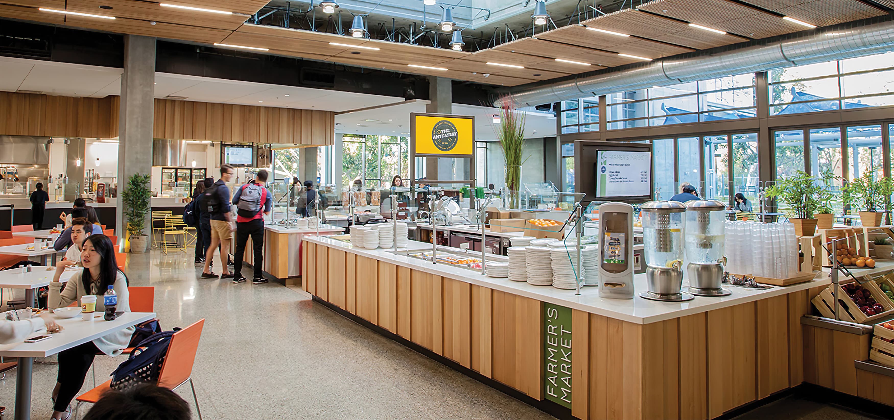 Anteatery Foodhall, the campus dining facility at University of California, Irvine. RSM Design worked to design tenant signage and environmental graphics.