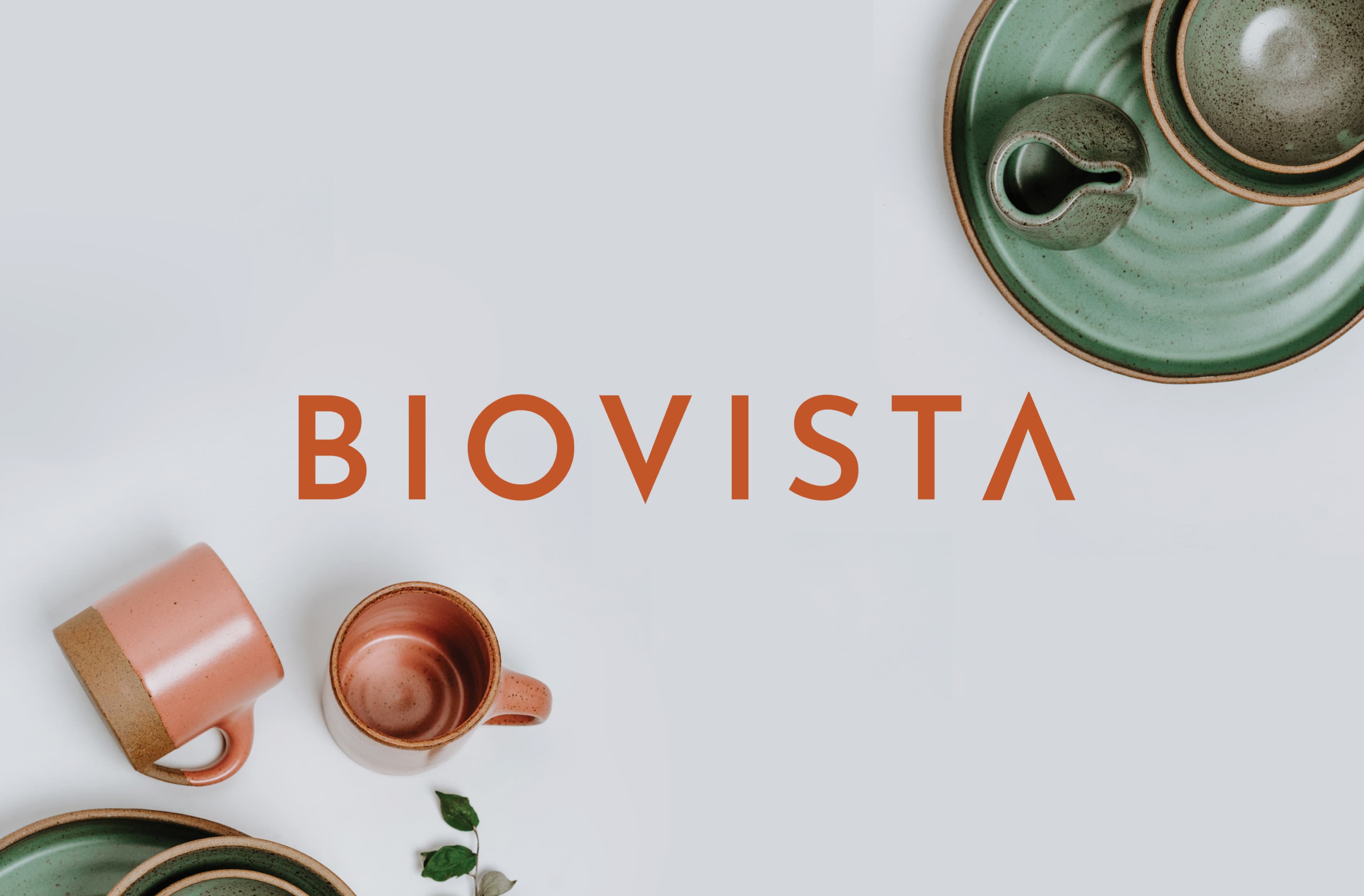 The Biovista logo against a colorful background with pottery and leaves. 