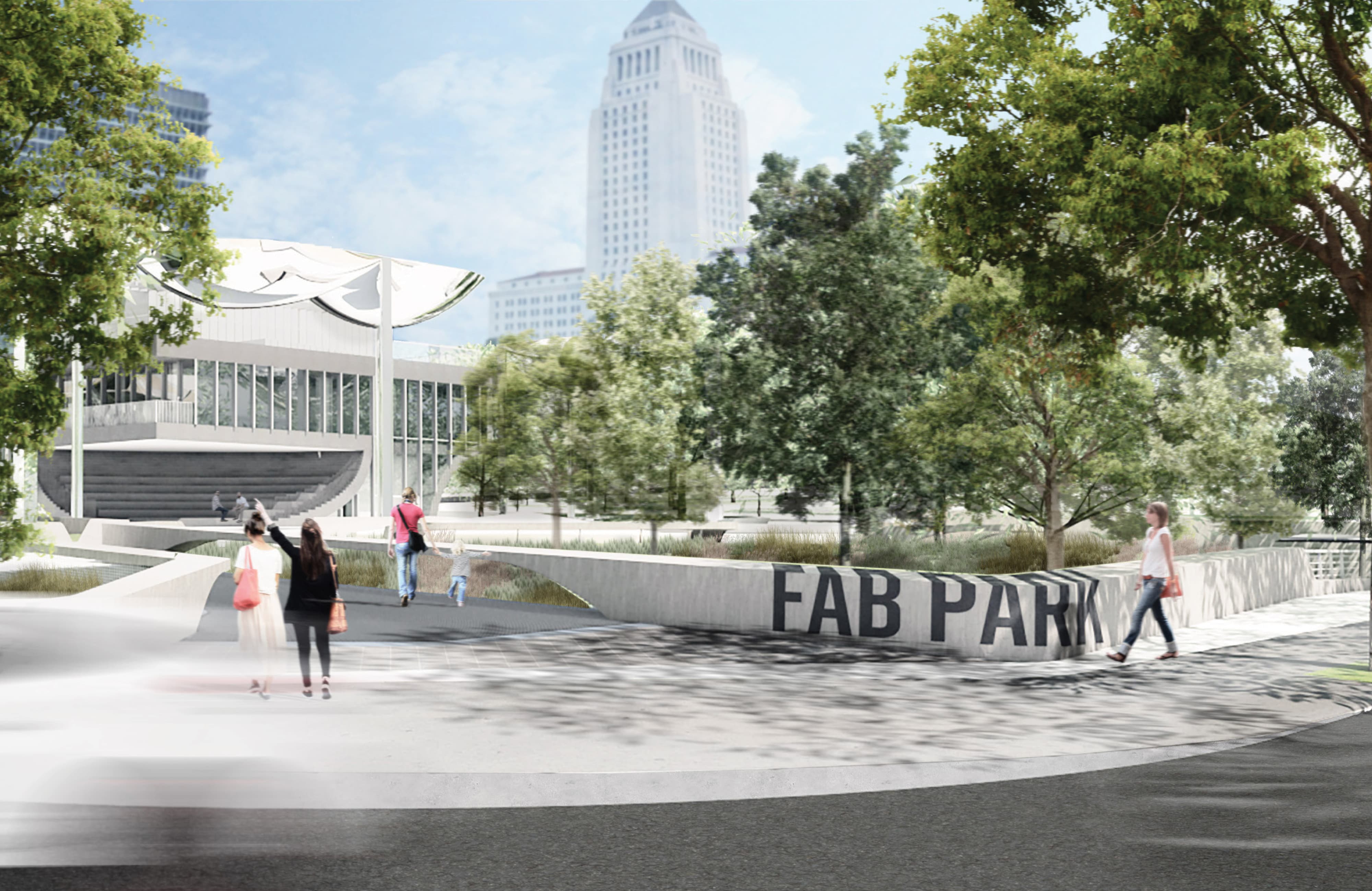 Architectural rendering of Grand Park Los Angeles "FAB PARK" large-scale dimensional lettering integrated into a curved concrete retaining wall along a pedestrian promenade, with sculptural petal canopy structures, mature tree canopy, and Los Angeles City Hall tower in the background — RSM Design specialty graphics, experiential placemaking, public art, environmental graphic design, and branded environments for civic, park, cultural, and streetscape destinations.