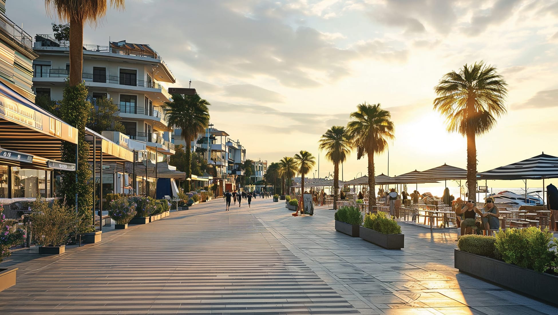 Waterfront promenade lined with palm trees, outdoor dining, and shops at sunset, illustrating a lively pedestrian-friendly streetscape and coastal destination experience.