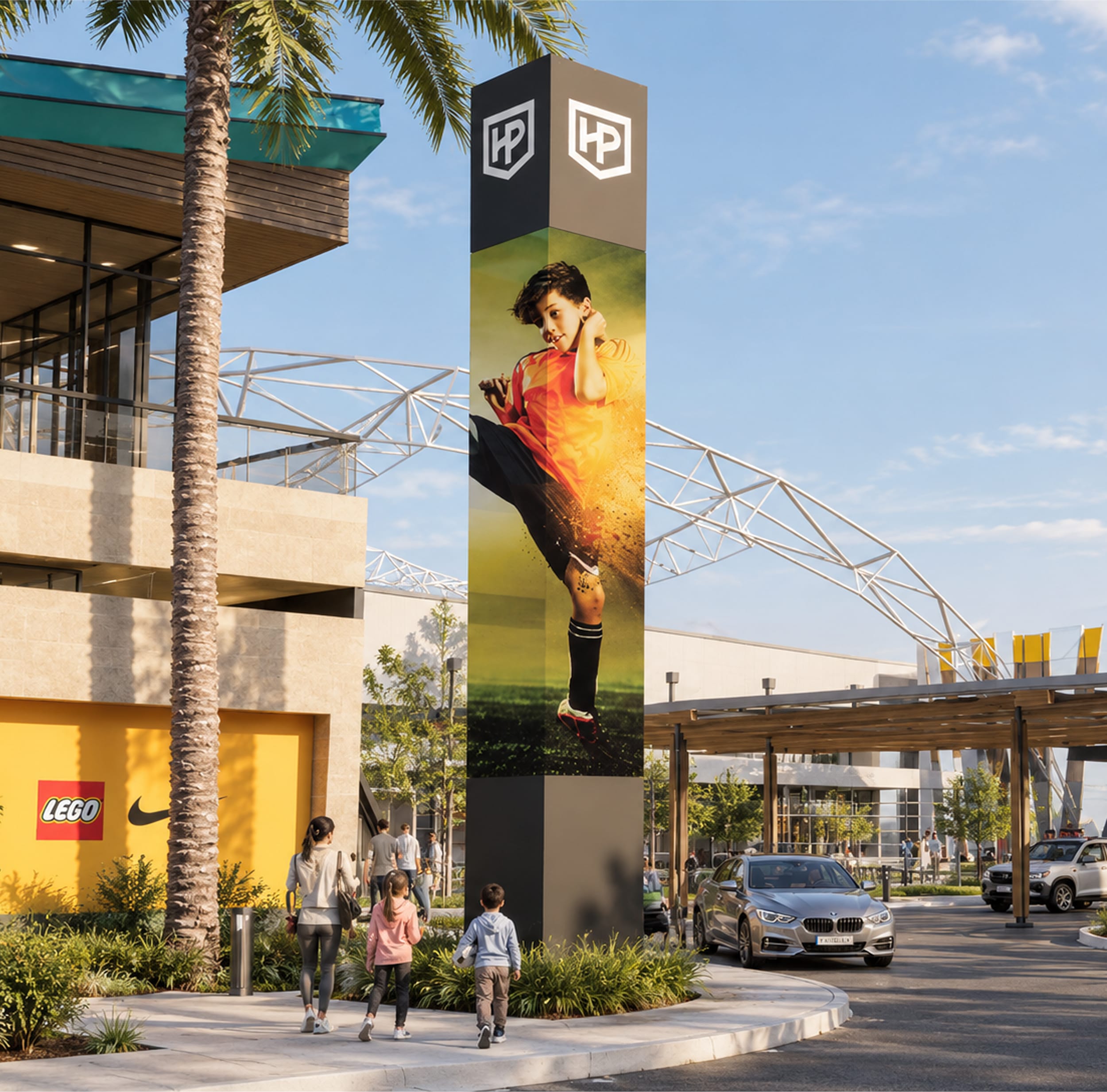 Rendering of a tall pylon with illuminated HP shield marks at the top and a full-height image of a youth soccer player mid-kick wrapping its corner, beside a landscaped drop-off with families walking past, Hylo Park, Las Vegas, wayfinding design by RSM Design.