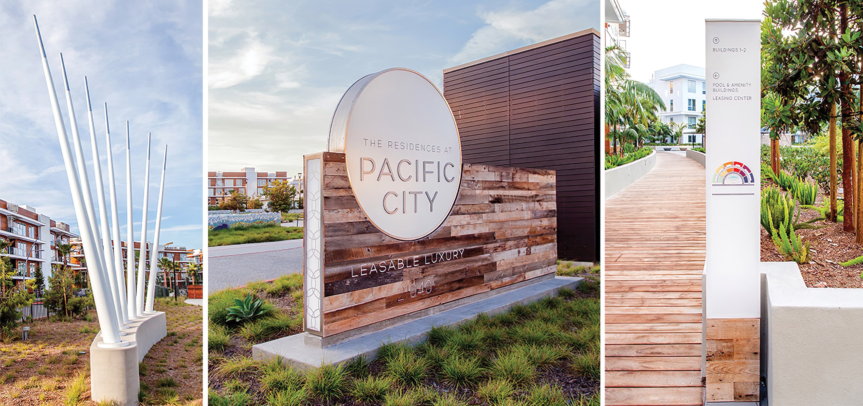 Pacific City, a luxury residential community in Huntington Beach, California. Project Identity Monument. Pedestrian Wayfinding Design. Public Art and Wayfinding.