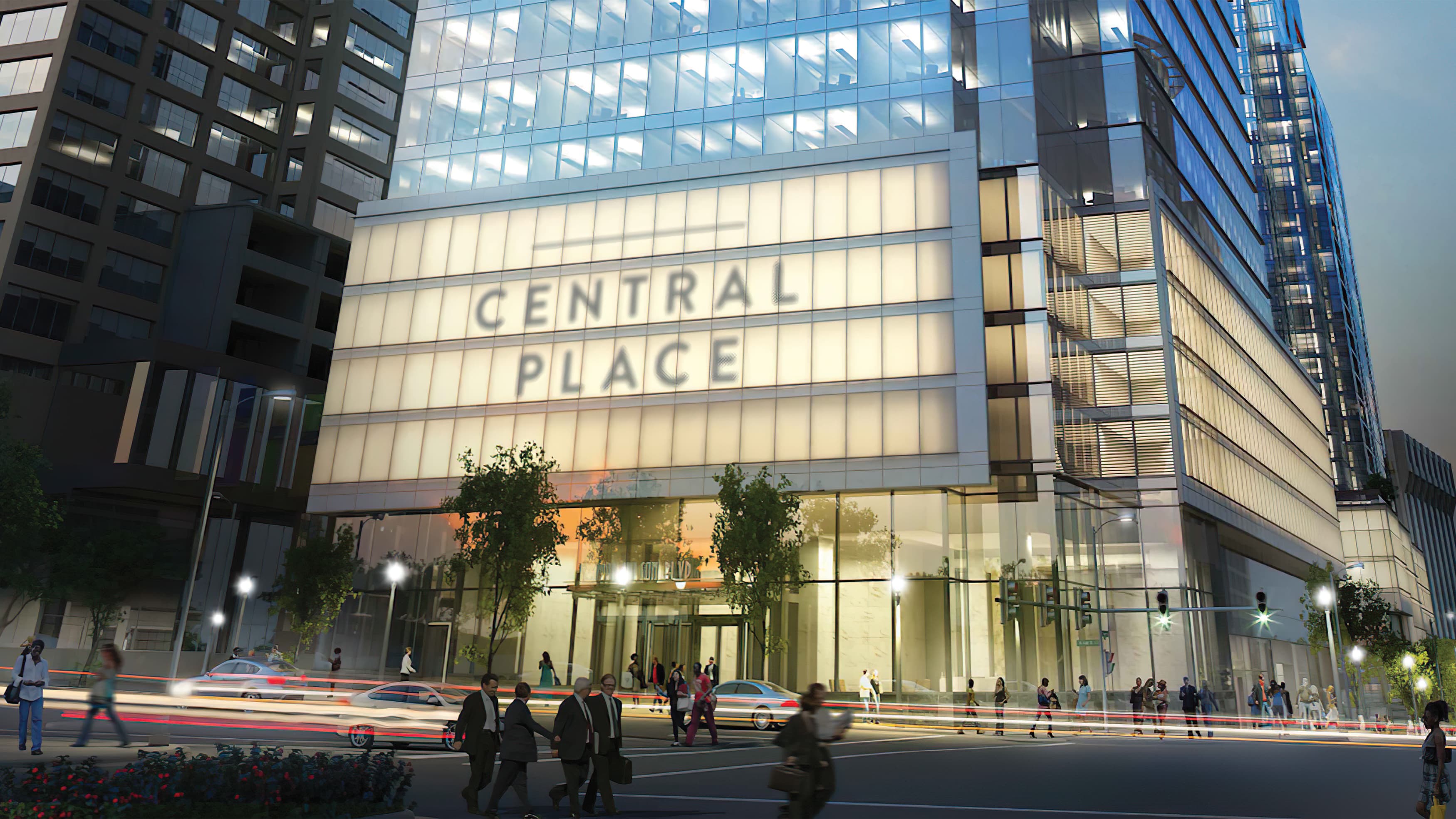 An image of a large glass building in an urban setting with prominent signage reading Central Place.