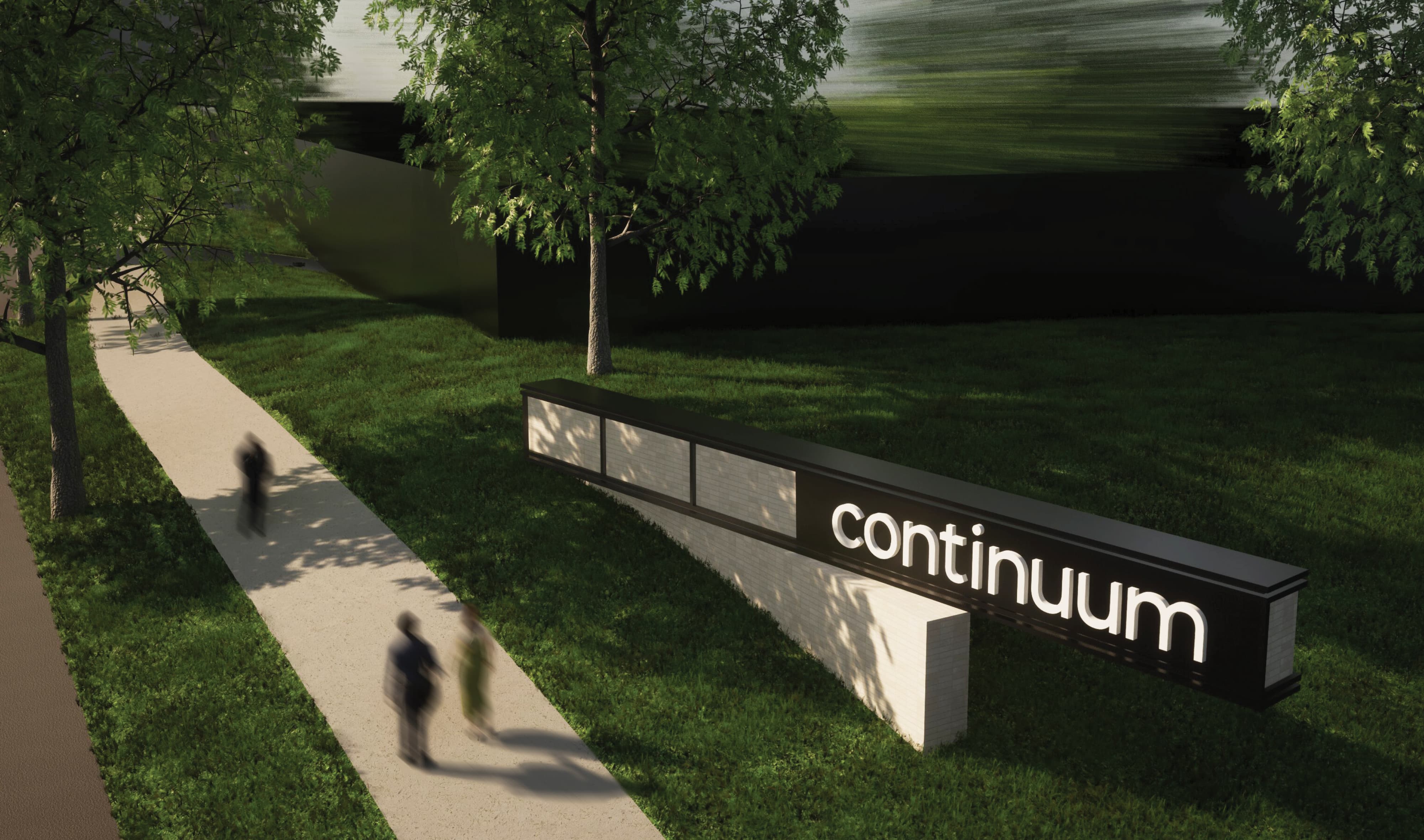RSM Design photorealistic rendering of an exterior monument sign and placemaking design for Continuum Alpharetta, depicting a low-profile illuminated black and stone monument sign with backlit white Continuum logotype set within a lush landscaped lawn along a pedestrian pathway with motion-blurred figures walking past at dusk, demonstrating how environmental graphic design, landmark identity signage, wayfinding and signage design, and branded environments are envisioned during the design process to create elegant, human-centered arrival experiences for mixed-use workplace, health and wellness, and residential community markets.