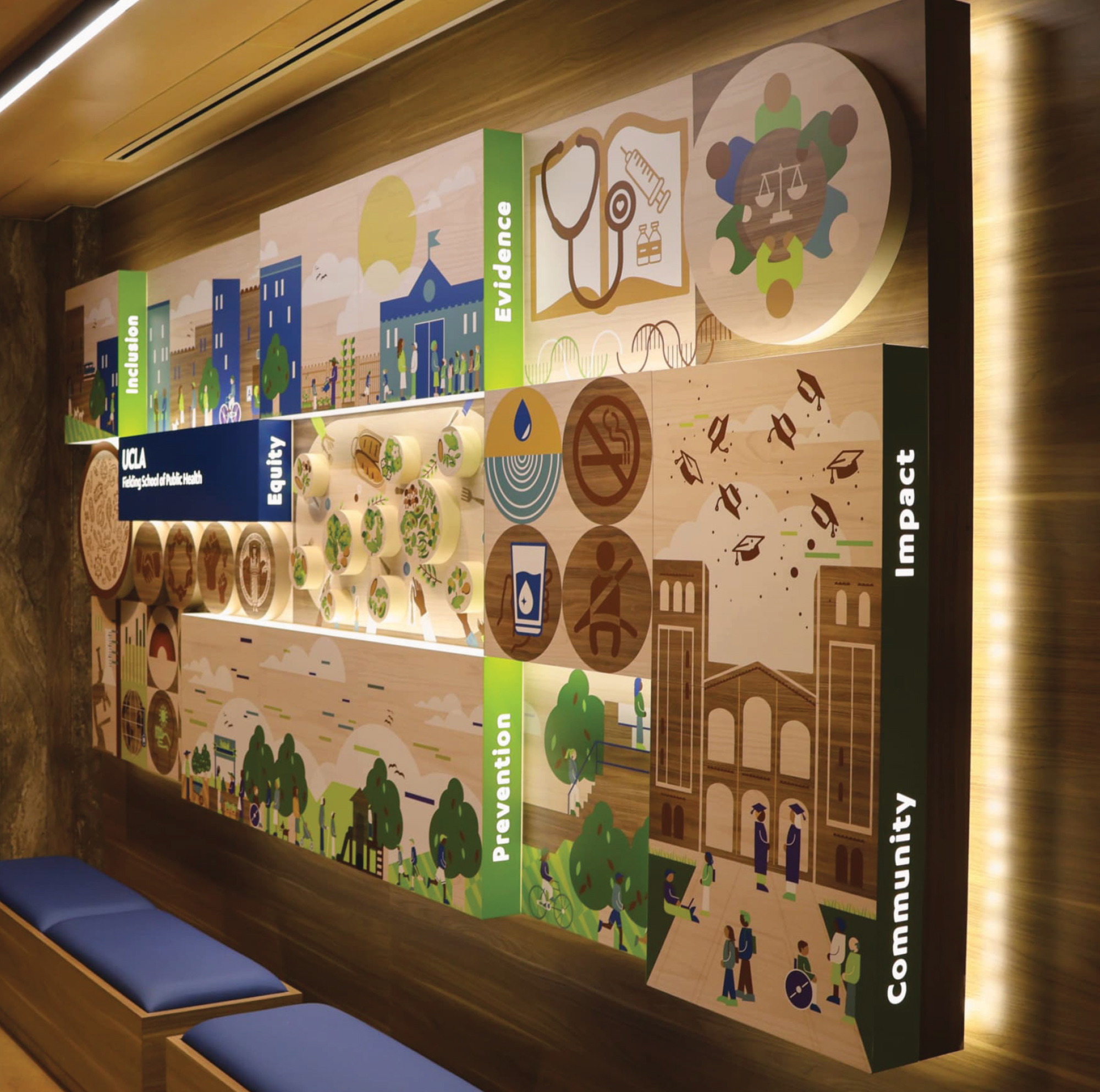 Experiential environmental graphic design installation for UCLA Fielding School of Public Health featuring dimensional storytelling graphics, educational placemaking, and branded interior environments supporting higher education and healthcare markets.