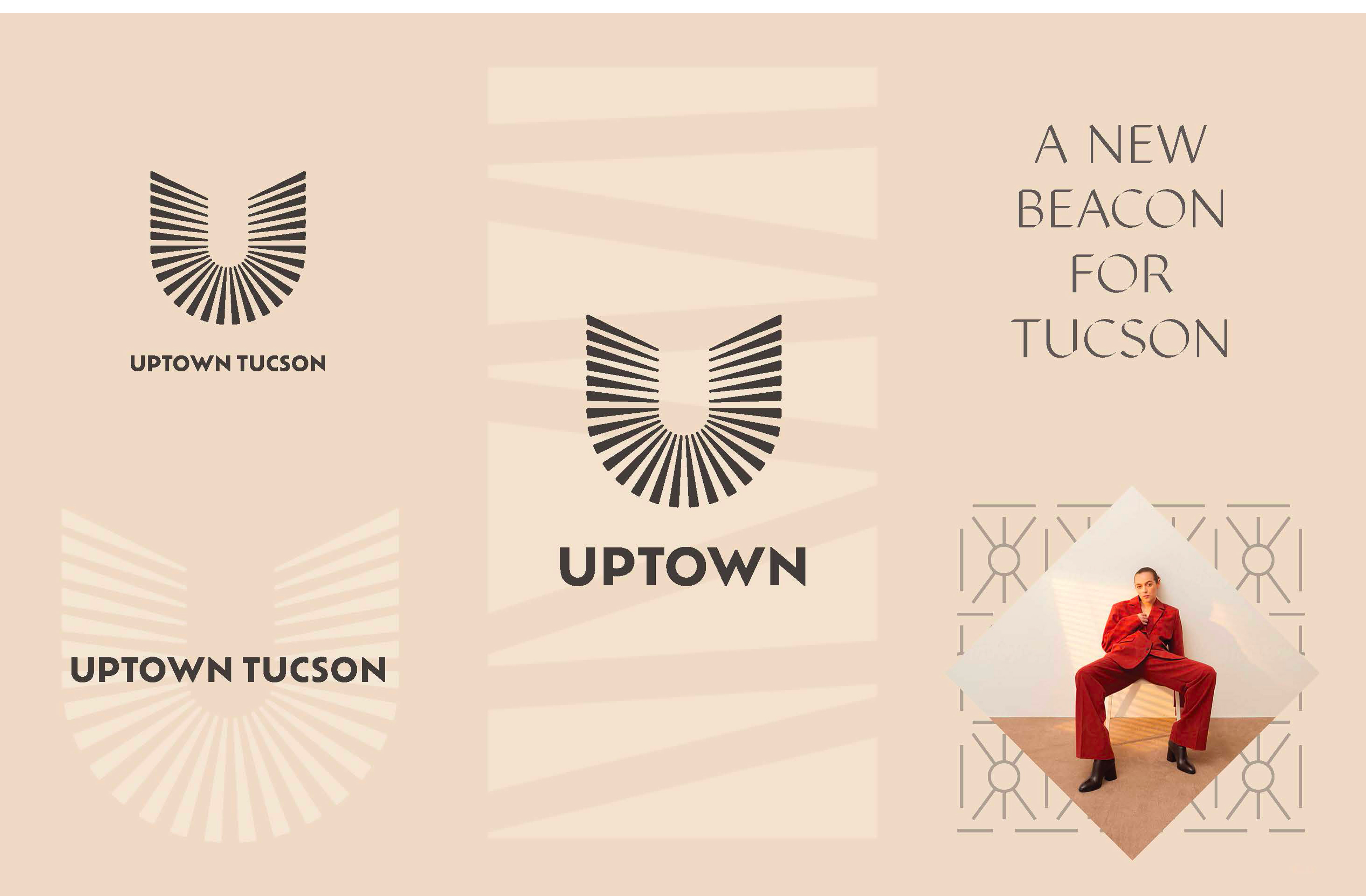 Uptown Tucson brand identity mood board, showing logo lockups, the tagline A New Beacon for Tucson, and a fashion-forward campaign photo in a diamond frame, branding by RSM Design