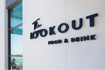 The Lookout Food and Drink dimensional building sign at Wai Kai, Ewa Beach, Oahu, environmental graphic design by RSM Design.