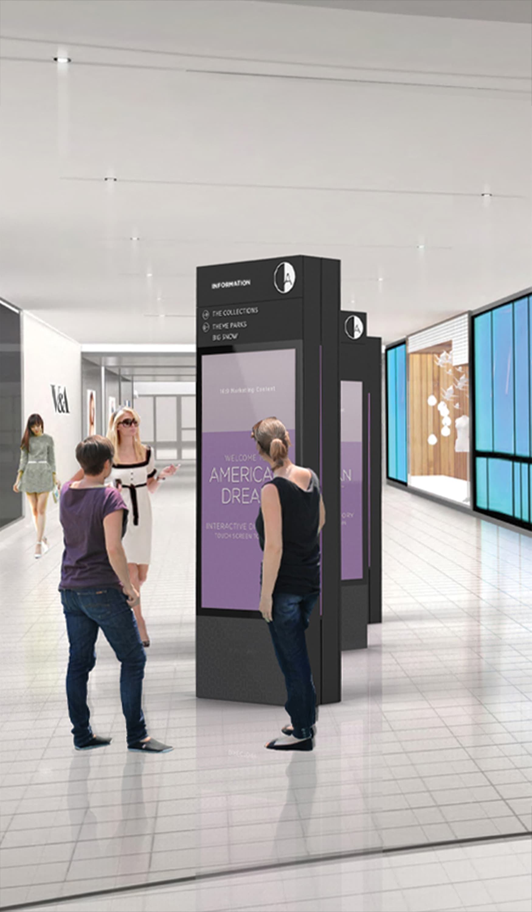 American Dream Retail Project Design in East Rutherford, New Jersey. Pedestrian Interactive Digital Directory and Wayfinding.