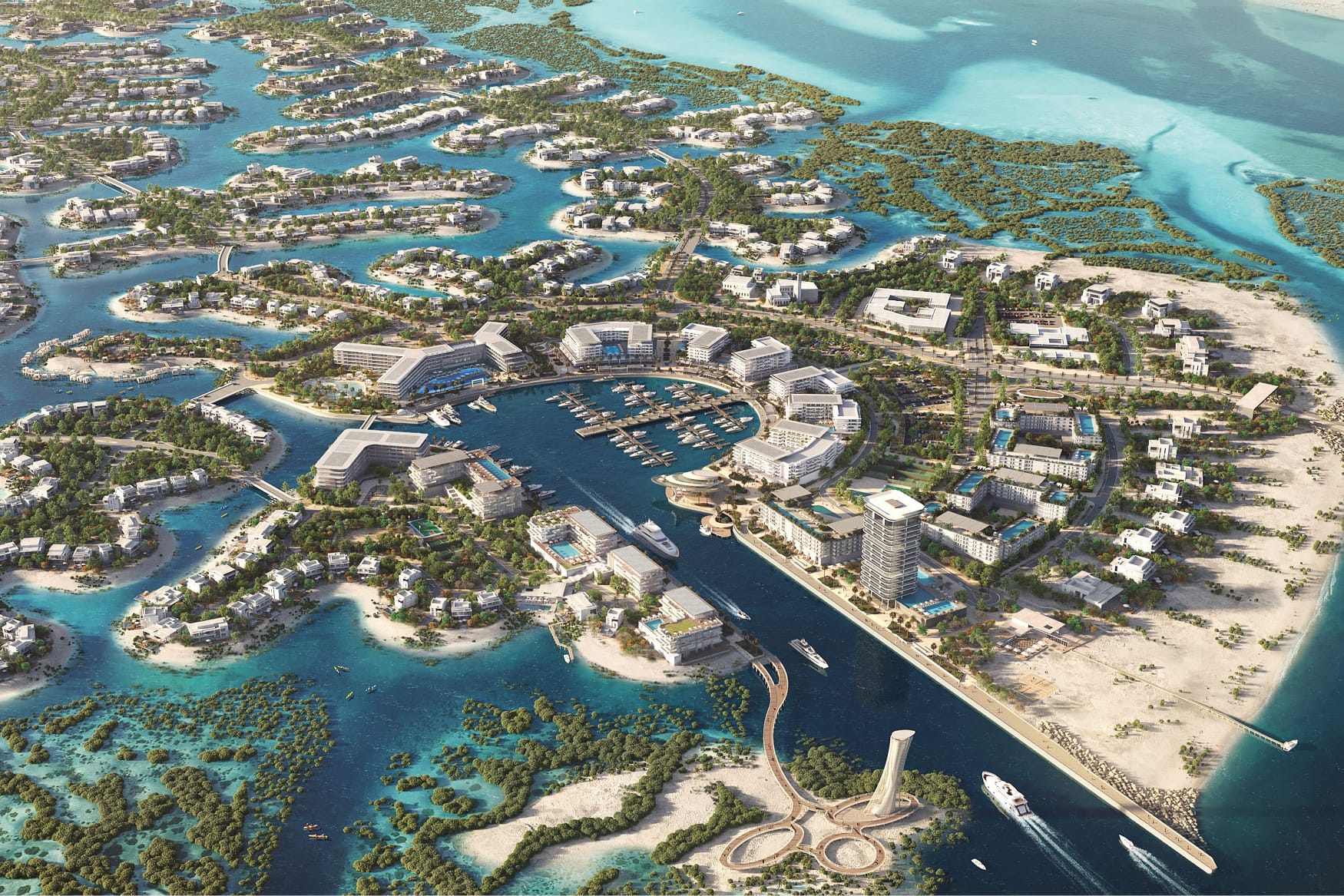 RSM Design Ramhan Island Abu Dhabi — aerial view of island marina masterplan with luxury residential communities, hotel district, yacht berths, mangrove ecosystems, and waterfront promenade along the Arabian Gulf