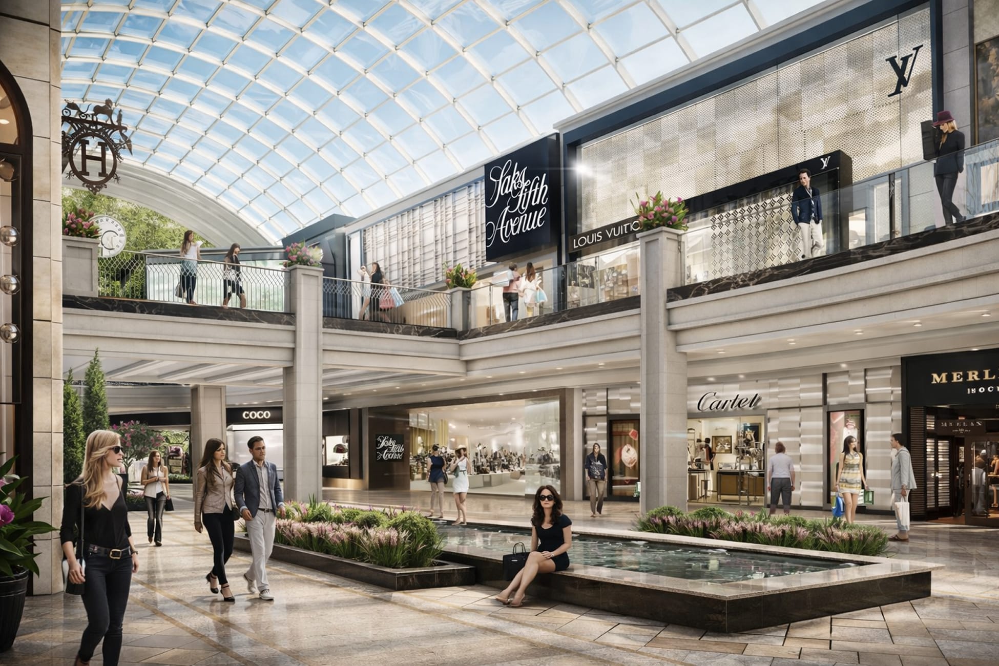 Architectural rendering of The Collections luxury interior atrium at American Dream mall in East Rutherford, New Jersey, featuring multi-level tenant identification signage for Saks Fifth Avenue, Louis Vuitton, Hermès, Cartier, and Merlin across a skylit gallery with a central water feature, planted landscaping, and an activated pedestrian promenade — illustrating RSM Design's master sign program, placemaking, and environmental graphic design for a large-scale mixed-use luxury retail and entertainment destination.
