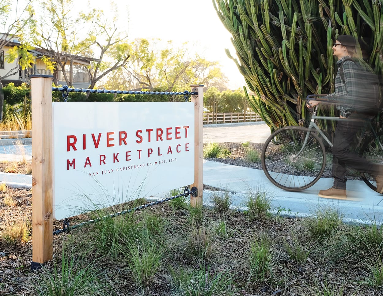 River Street Marketplace entry monument sign in San Juan Capistrano, wayfinding design by RSM Design