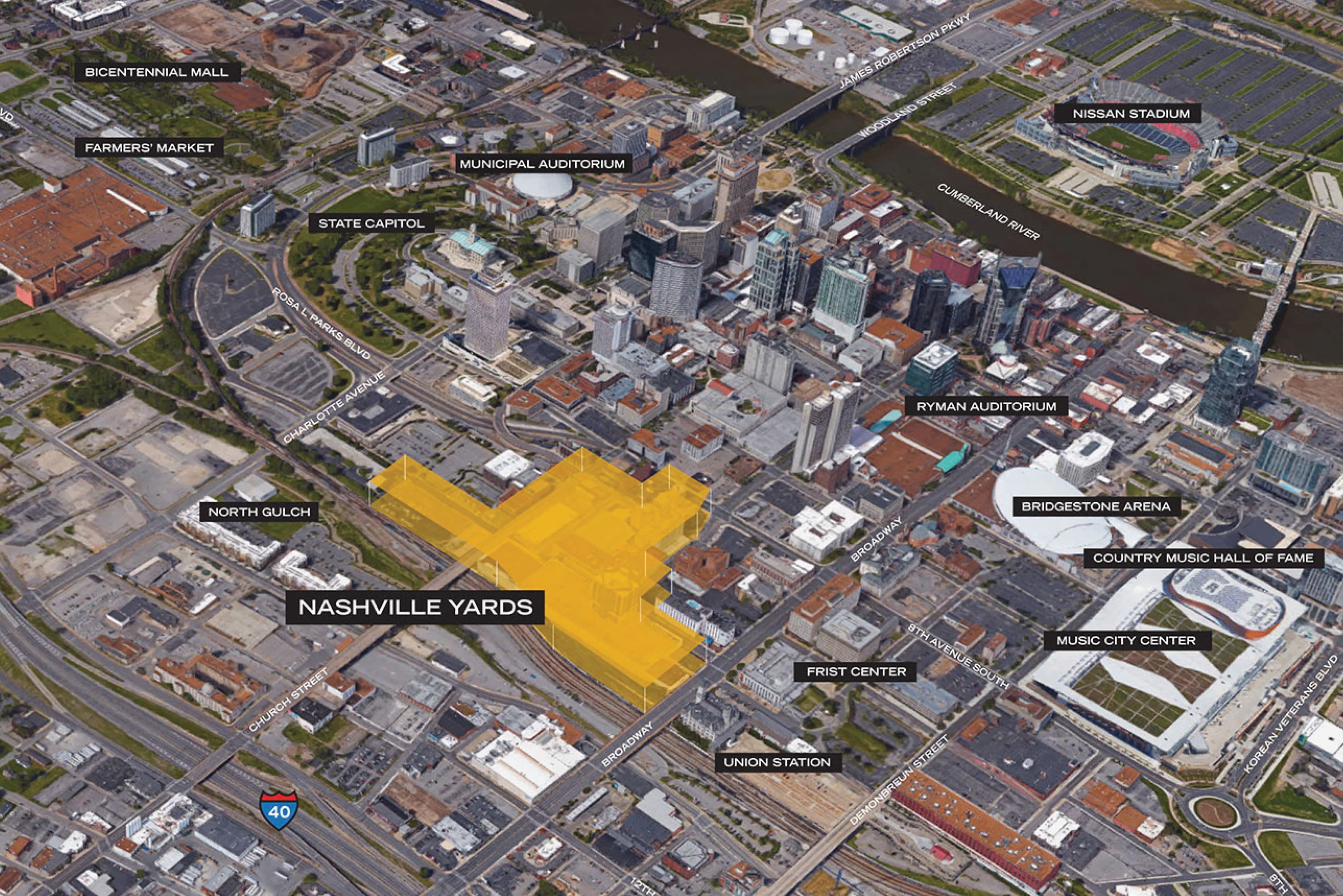 Aerial map highlighting the Nashville Yards development site in gold amid downtown Nashville landmarks including Bridgestone Arena, Ryman Auditorium, and Union Station, illustrating the urban context and placemaking strategy for a mixed-use development by RSM Design.