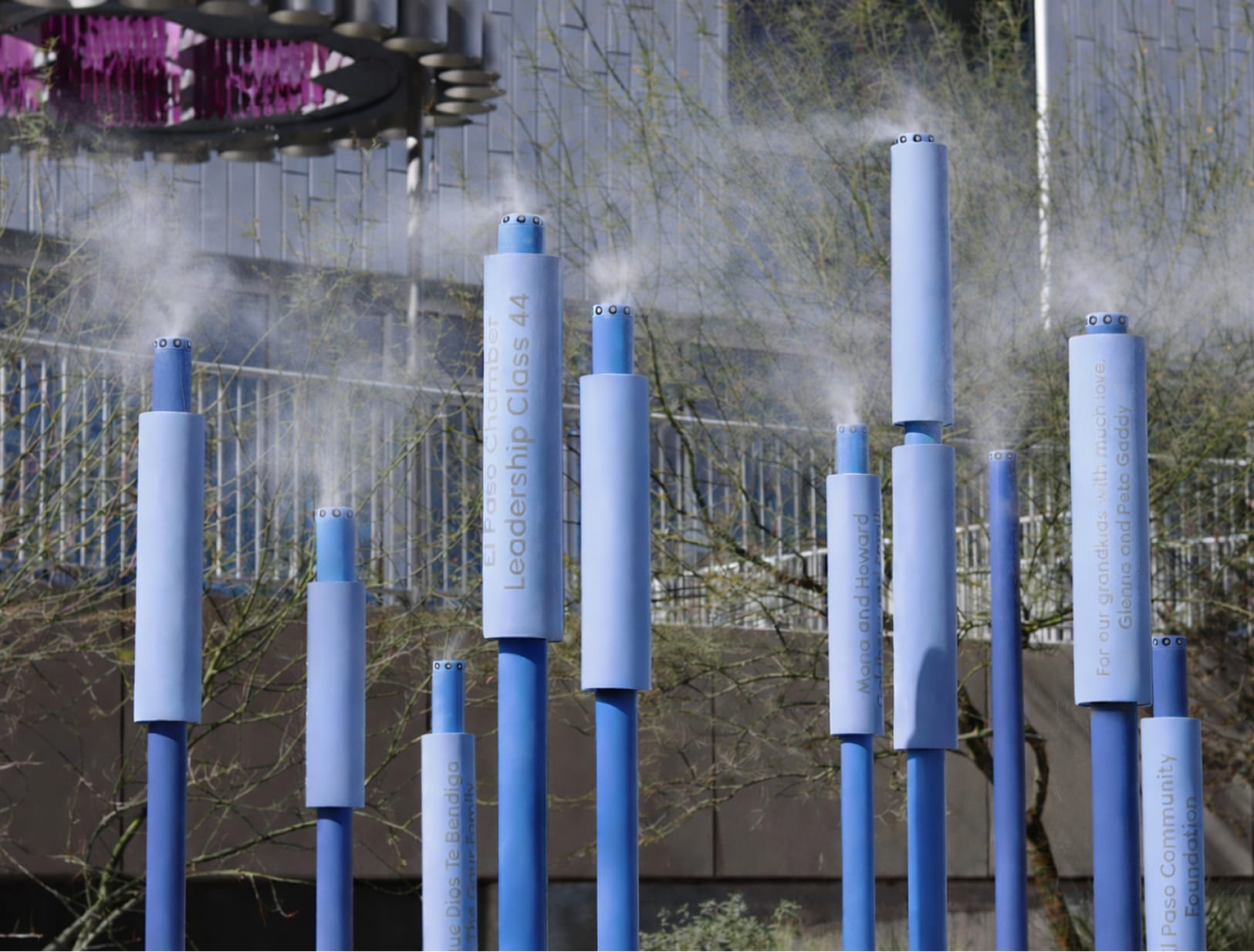 La Nube children's museum donor recognition columns with engraved donor names and misting feature — donor recognition design by RSM Design