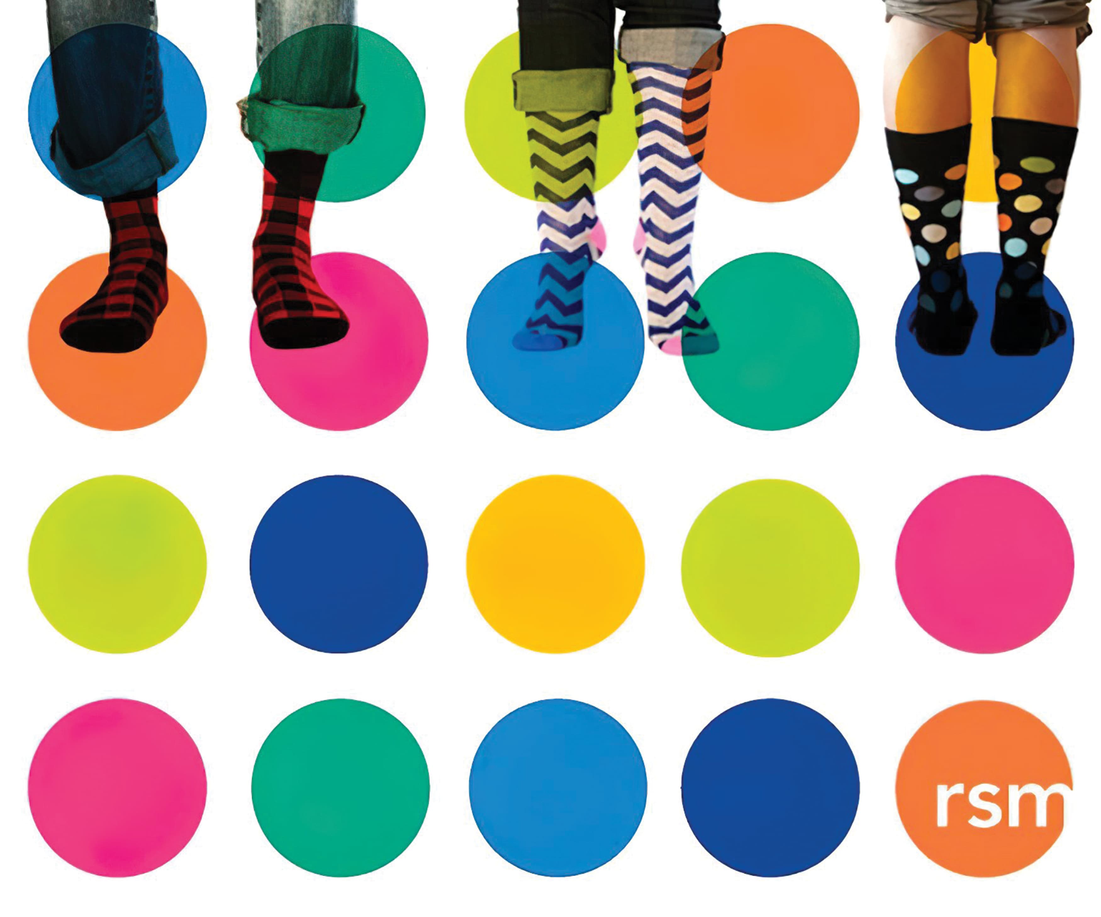 A graphic depicting socks and the RSM logo along with a pattern of multi-colored dots.