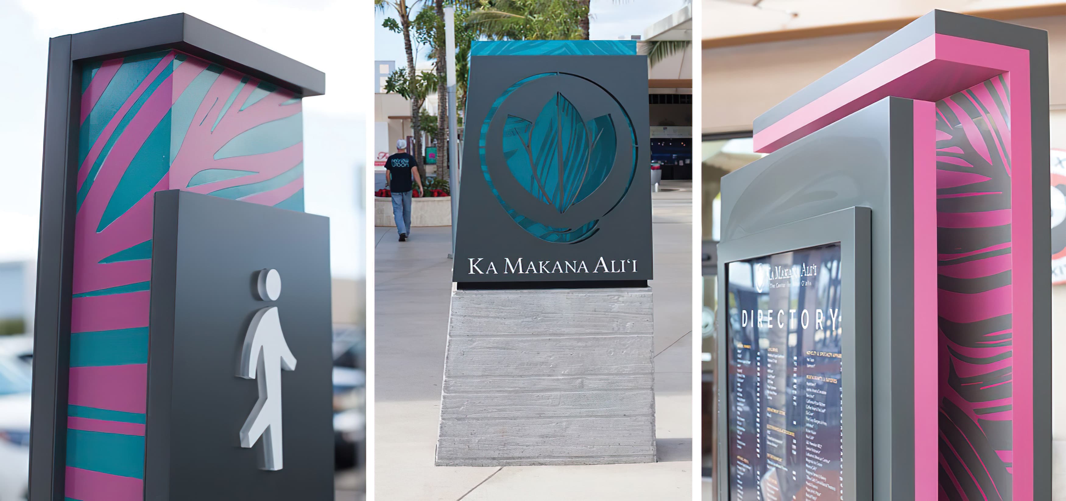 Ka Makana Ali'i, a shopping center outside Honolulu, Hawaii. RSM Design. Signage and Wayfinding Design. Pedestrian Wayfinding.
