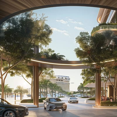 RSM Design Ramhan Island Marina Abu Dhabi — landscaped hotel arrival porte-cochère with timber canopy, mature shade trees, and luxury resort hotel beyond on the waterfront