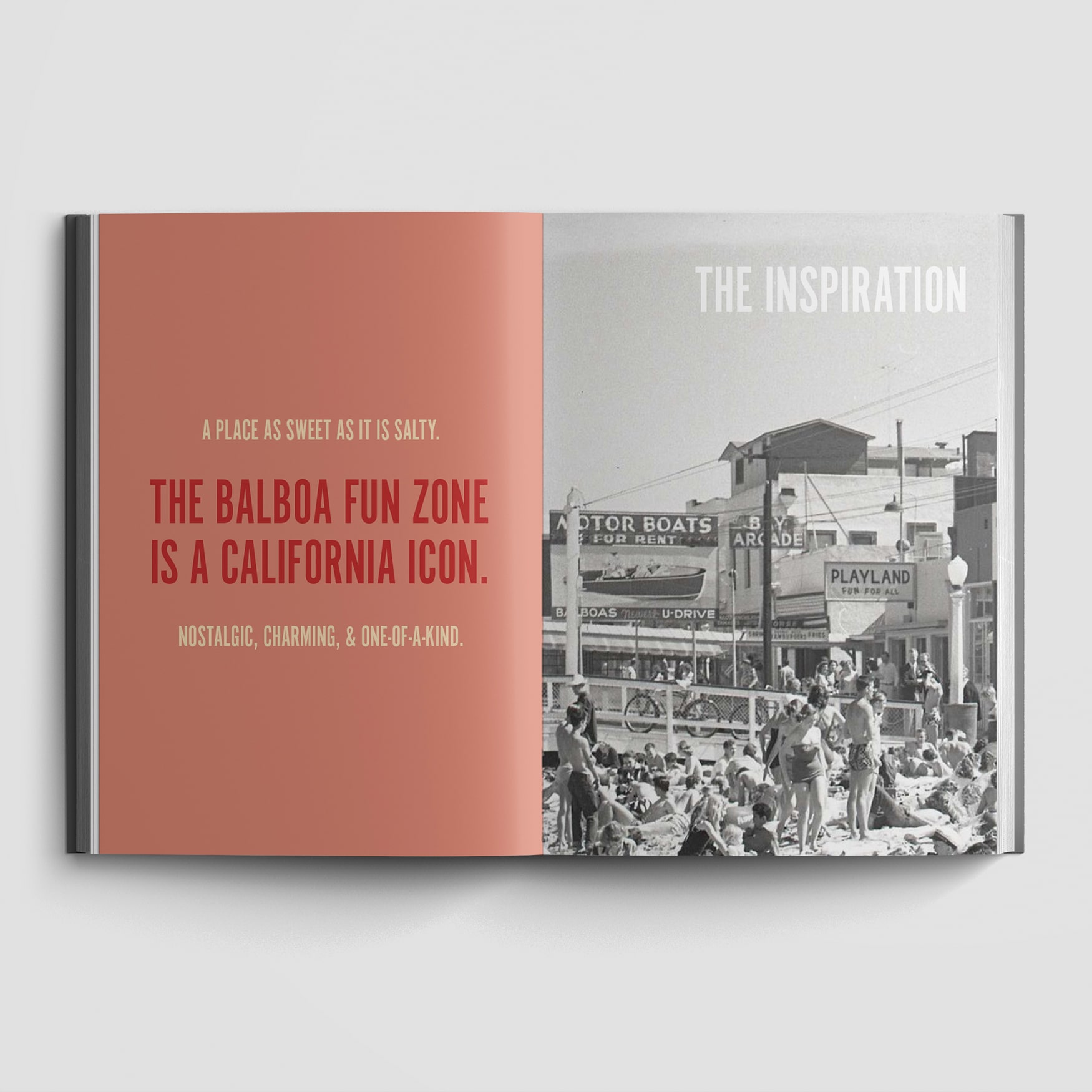 A book open to a spread of the inspiration of the Balboa Fun Zone in Newport Beach, California. The Fun Zone is a nostalgic, charming California icon.
