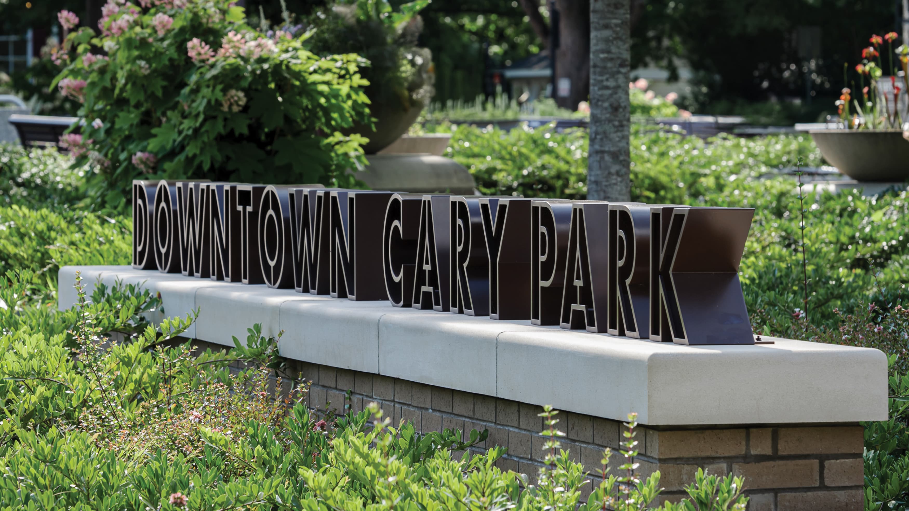 Image of the monument sign at Downtown Cary Park in North Carolina. Designed by RSM Design. 