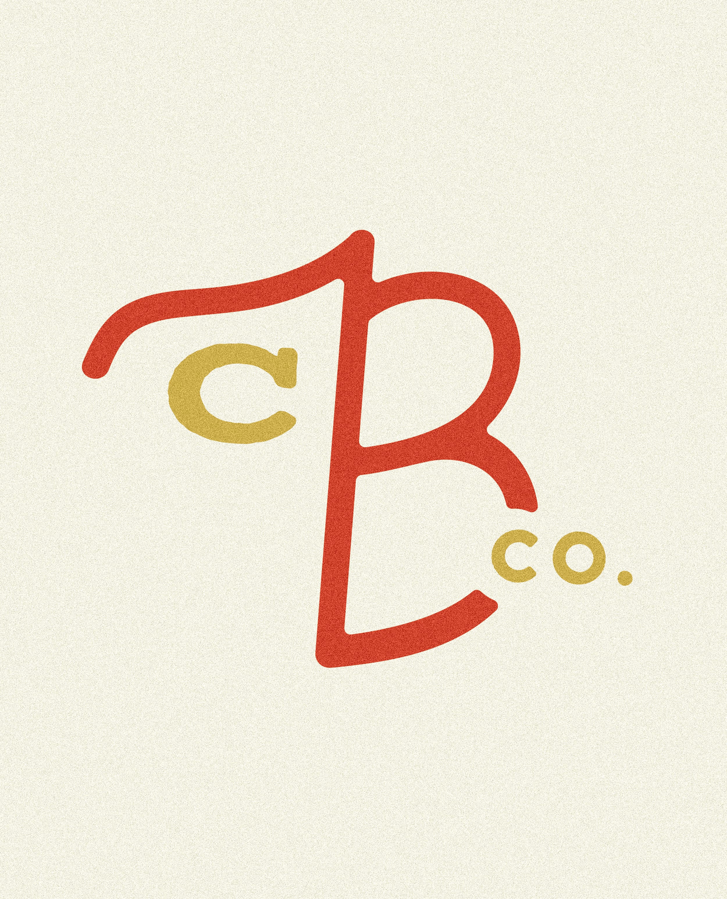 CB Co. hand-drawn monogram in red and gold on a cream background, brand identity design by RSM Design