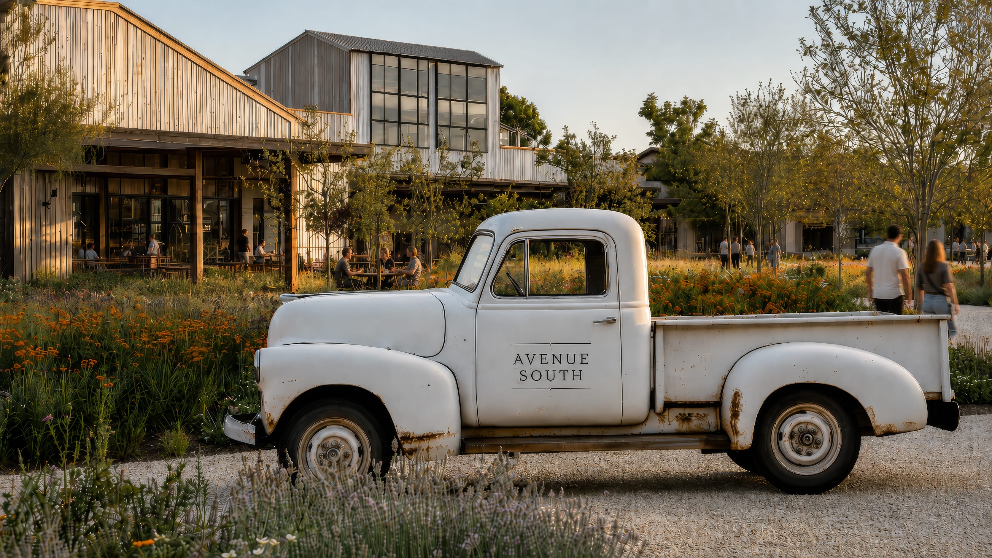 Vintage white pickup truck with "Avenue South" signage parked at outdoor dining courtyard with wildflower landscaping at dusk, environmental graphic design and placemaking by RSM Design.