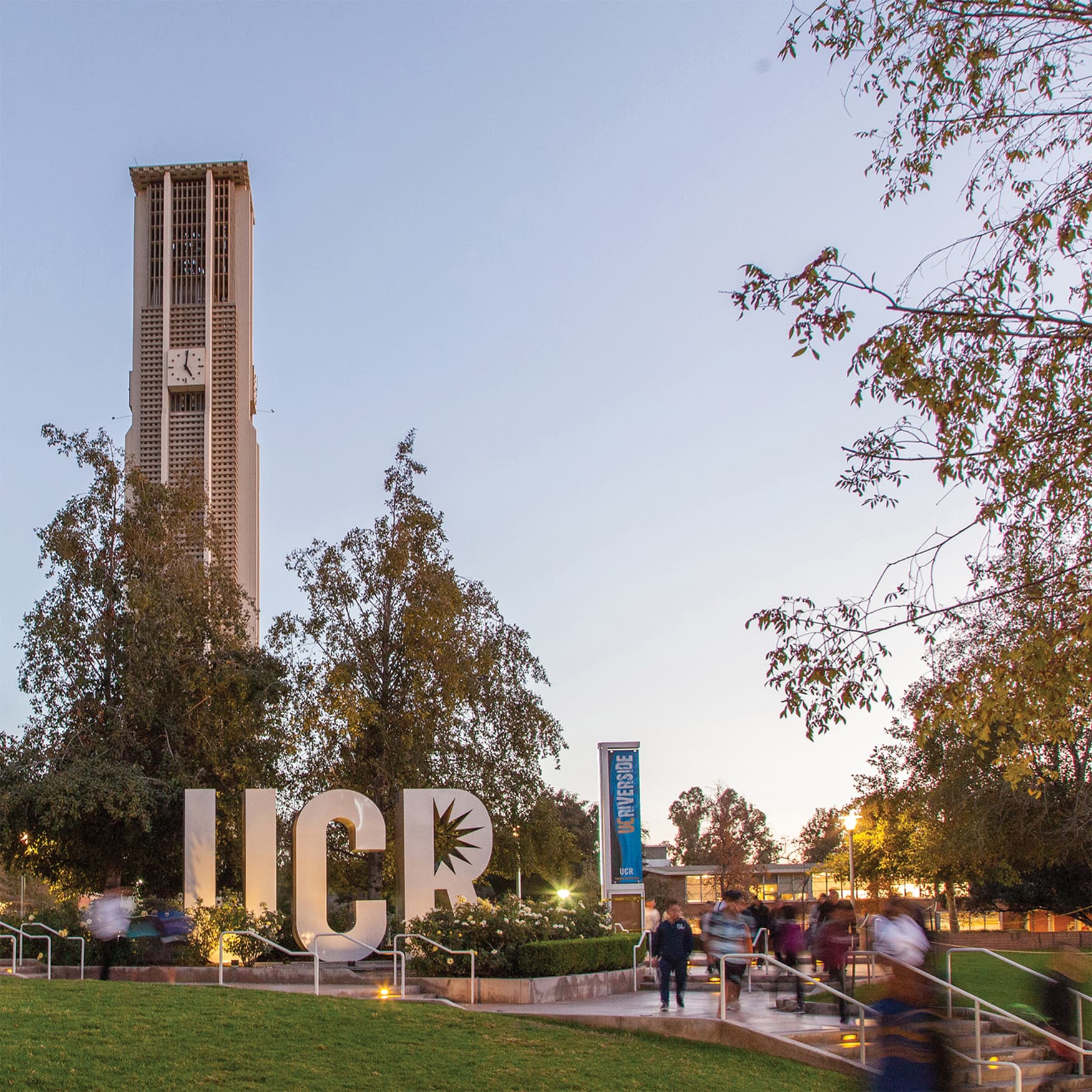 UC Riverside quad with sculptural UCR letters and iconic tower in the background