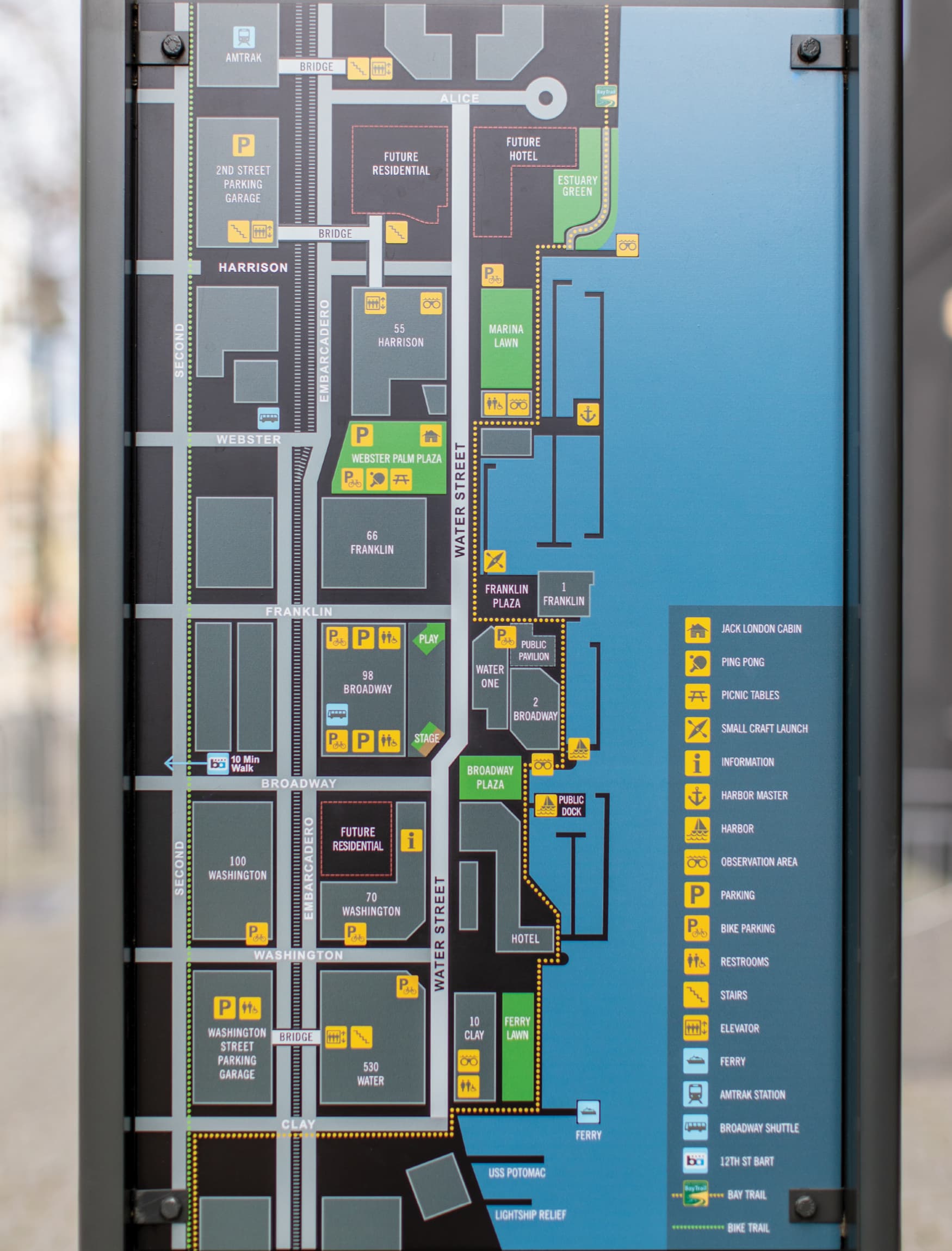 Close up image of the wayfinding directory at Jack London Square. 