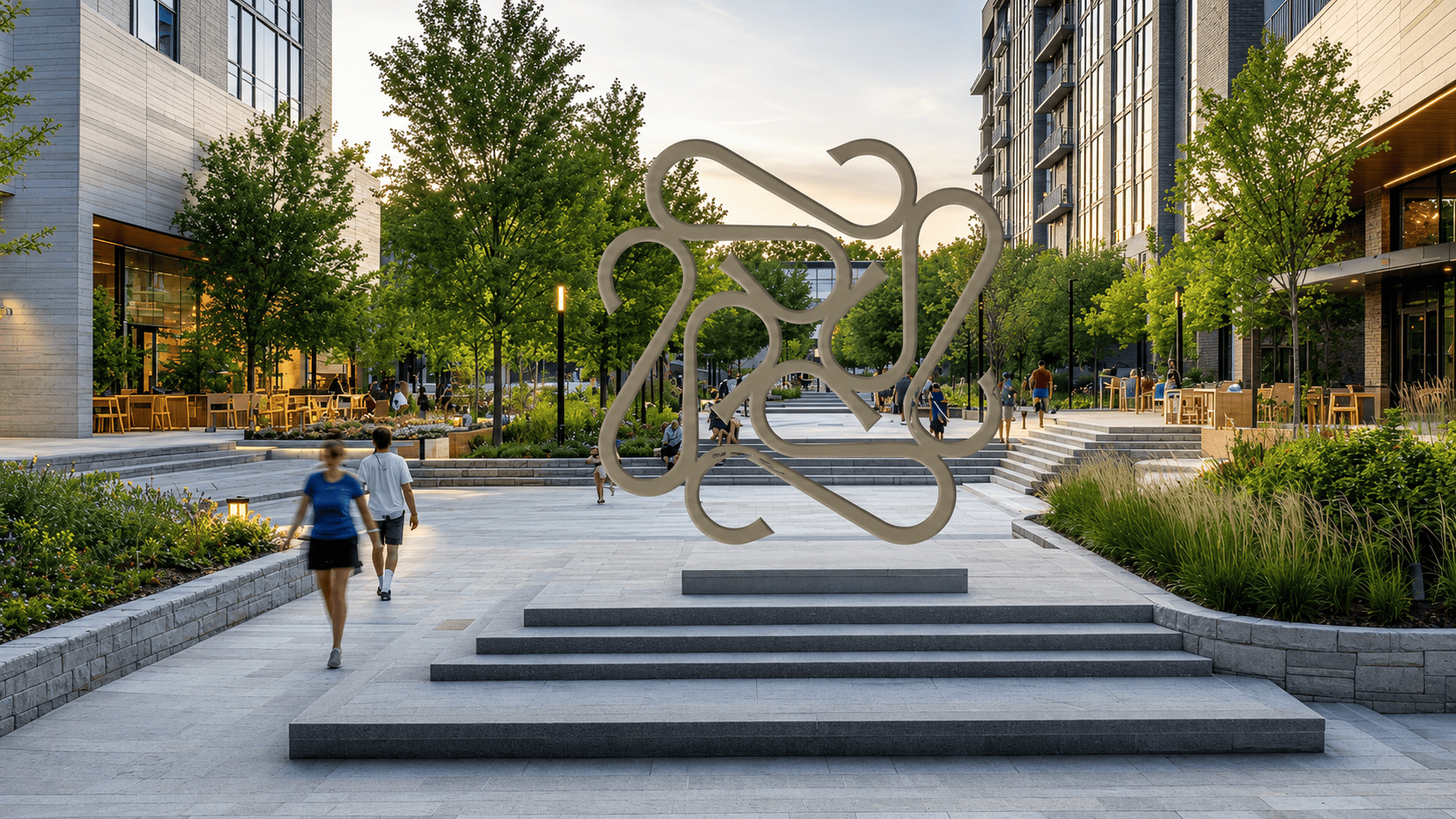 Sculptural placemaking element on a stepped plaza at Sloan Corners - environmental graphic design by RSM Design