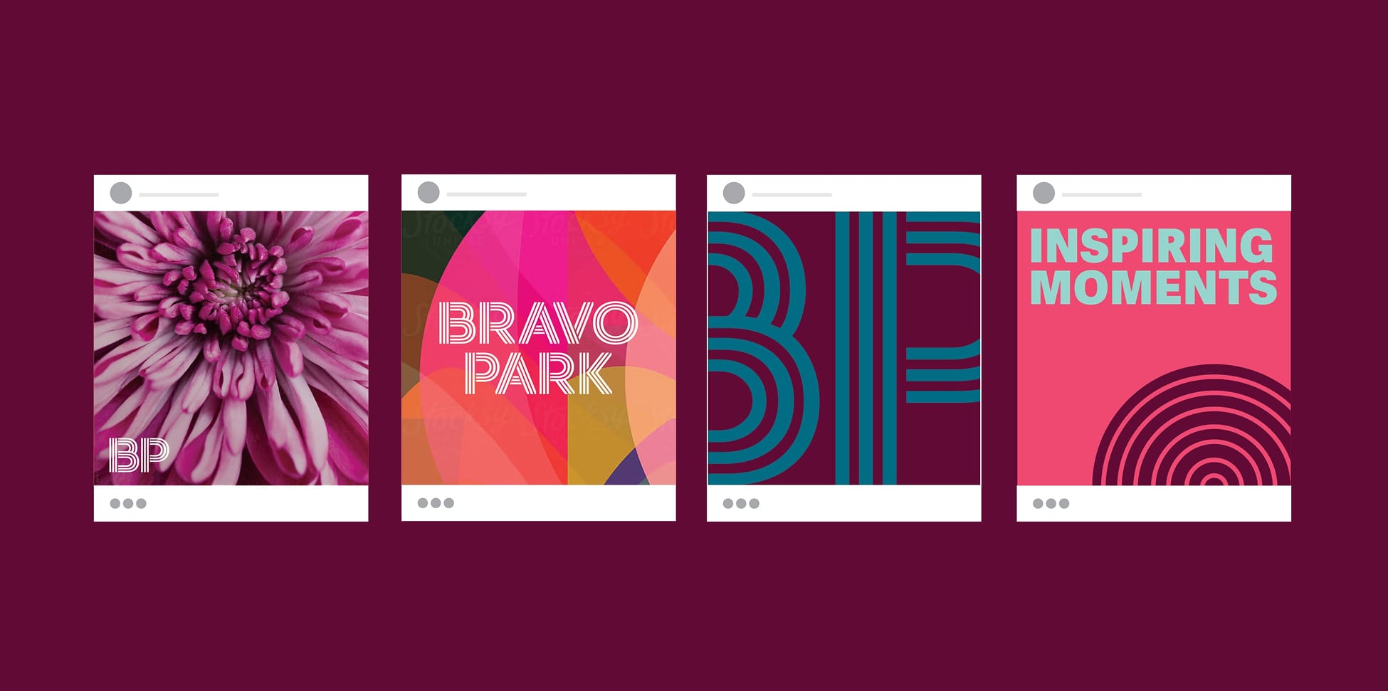 RSM Design Bravo Park — social media content design suite showing four branded Instagram posts with bold typography, vibrant colour palette, floral photography, and graphic pattern language