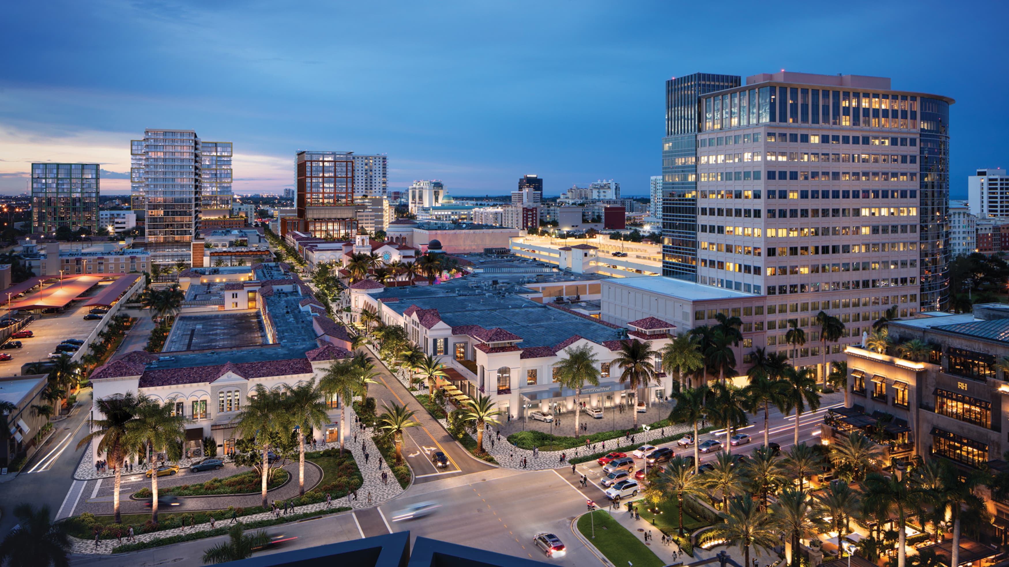 Evening aerial view of a retail center in West Palm Beach, Florida