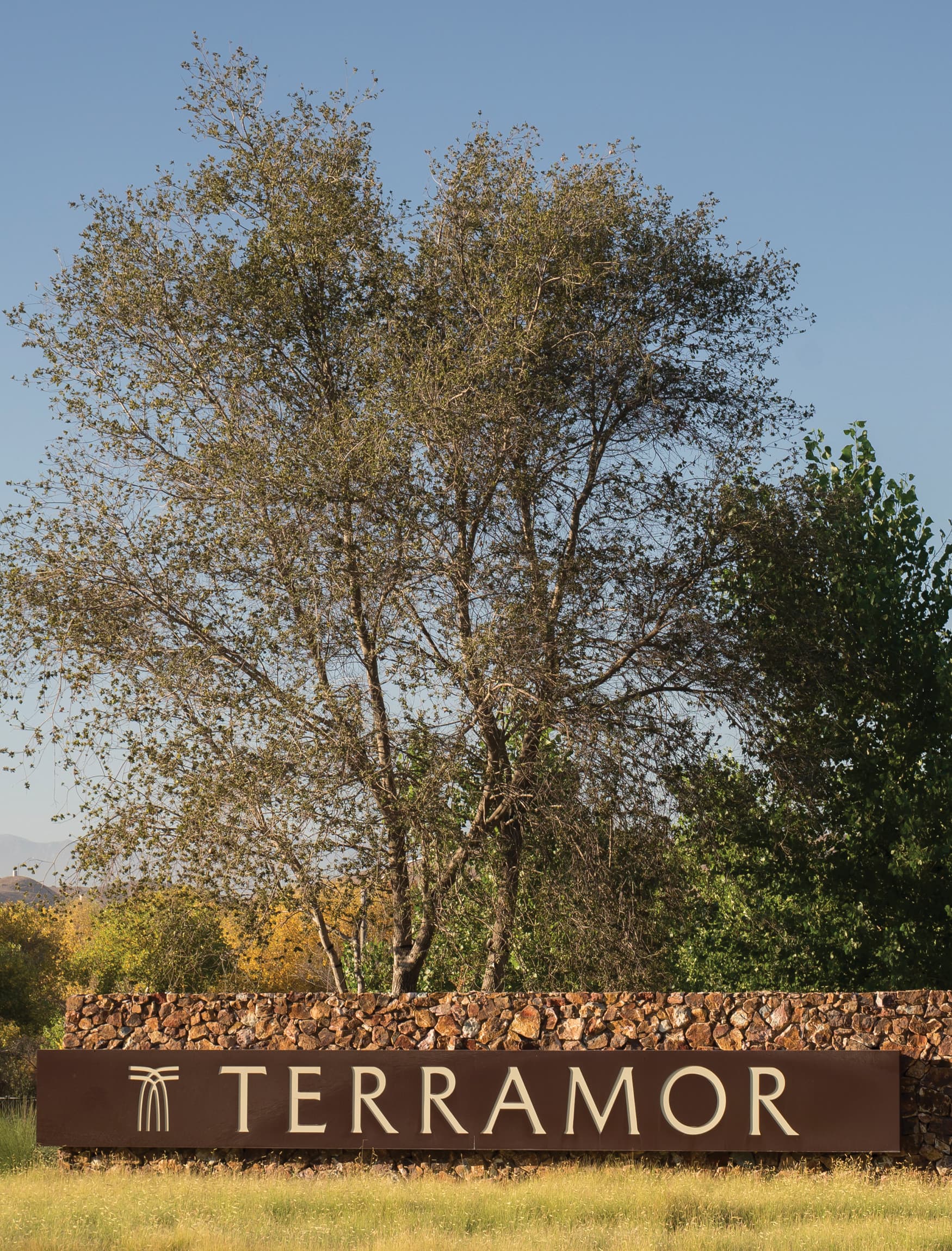 Terramor, a residential community in Corona, California. RSM Design. Stacked Stone Landscape Wall with Project Identity. Residential Placemaking Gateway.