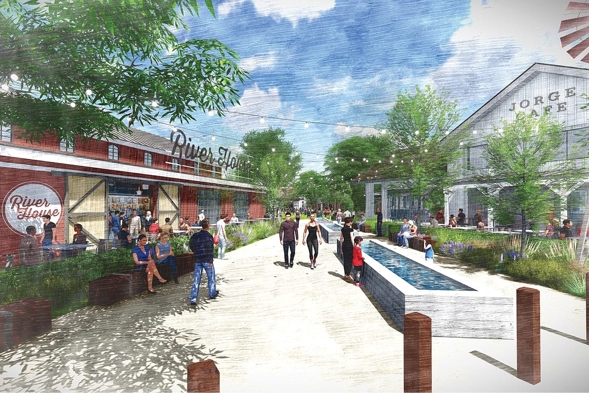 River Street Marketplace pedestrian promenade rendering with storefront signage, environmental graphic design by RSM Design