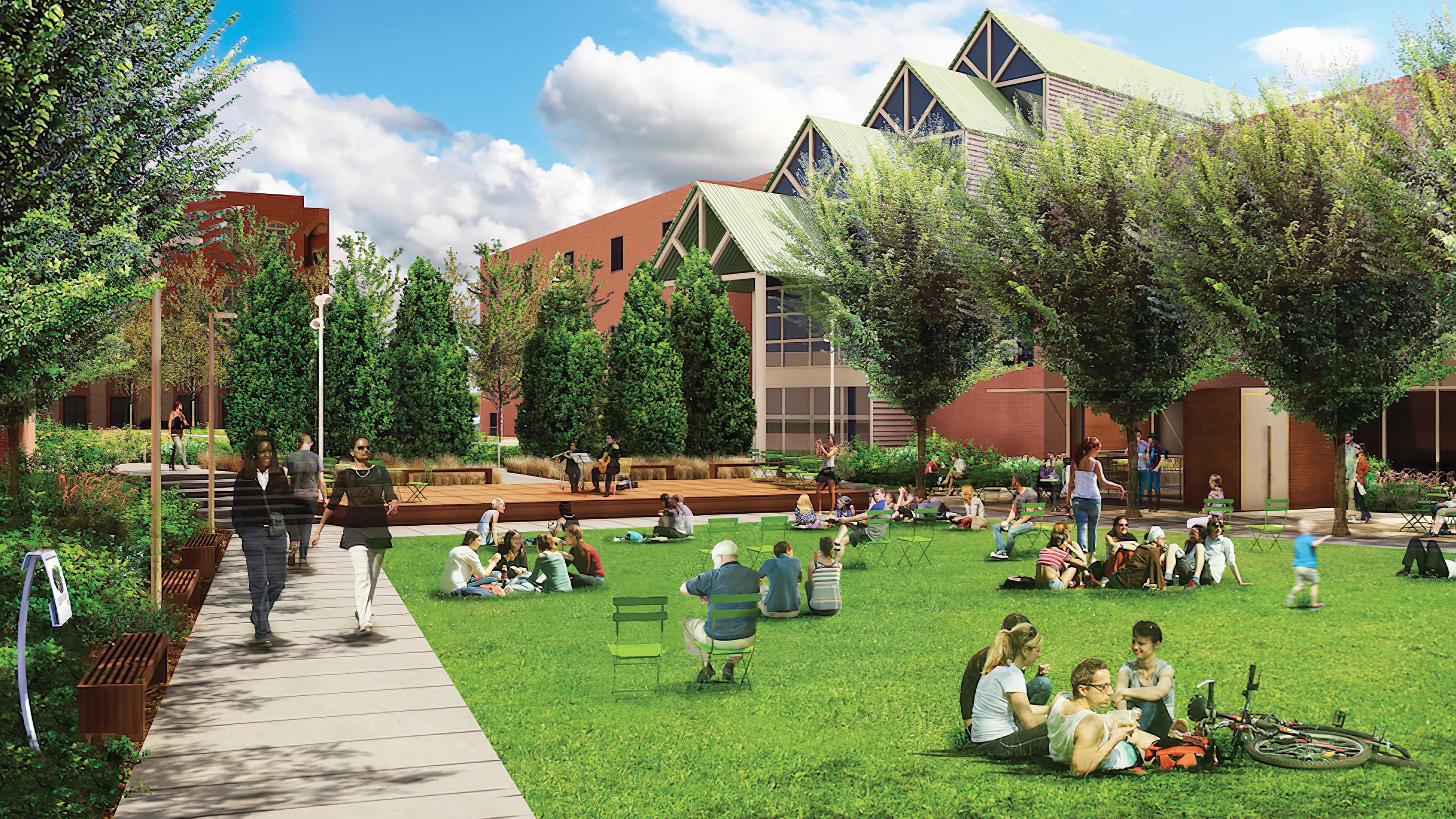 Architectural rendering of people gathering at LeBauer Park