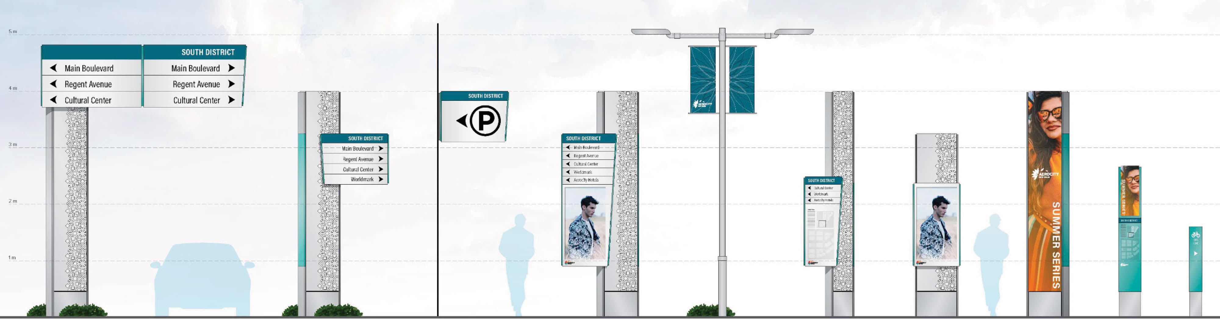 Aerocity New Delhi South District master sign program design elevations showcasing a comprehensive wayfinding and signage system including vehicular directional signs, pedestrian wayfinding pylons, parking signs, digital display kiosks, light pole banners, tenant directory signs, and bike wayfinding signage at scaled human and vehicular proportions — RSM Design wayfinding and signage design, master sign programs, digital integration, print and digital collateral, and environmental graphic design for mixed-use, transit, streetscape, and international destinations.
