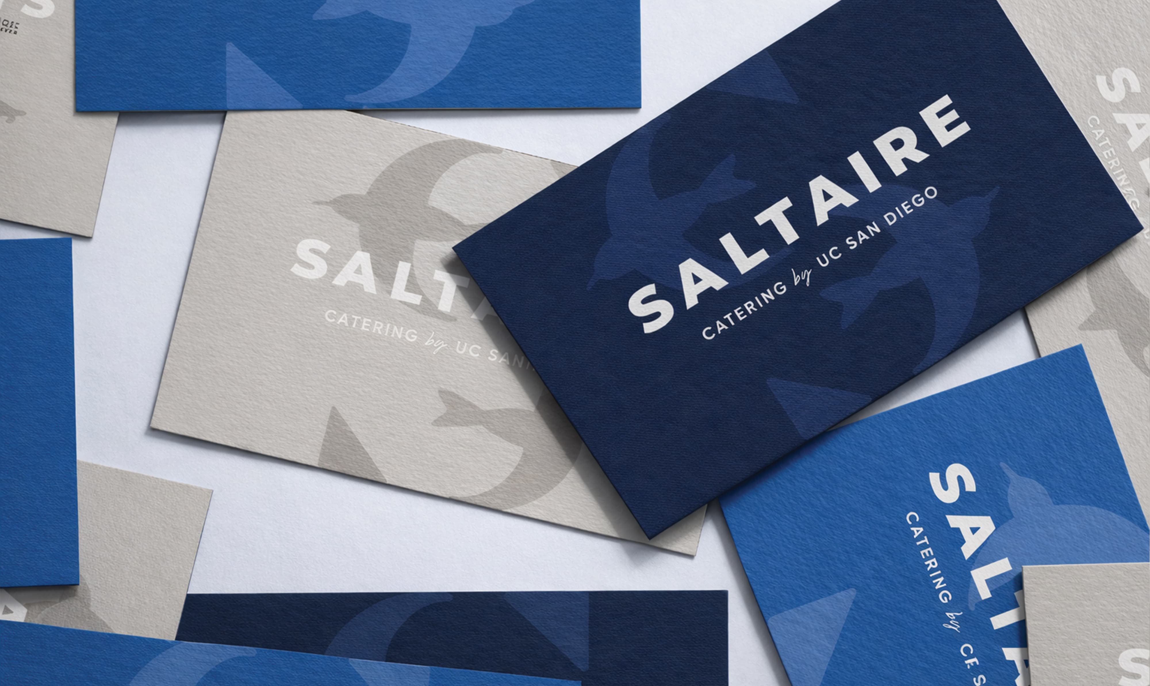 Saltaire Catering by UC San Diego business cards fanned across a surface in navy, ocean blue, and sand colorways featuring the tern lettermark pattern, showcasing print collateral and visual identity design for a food and beverage and education market client by RSM Design.