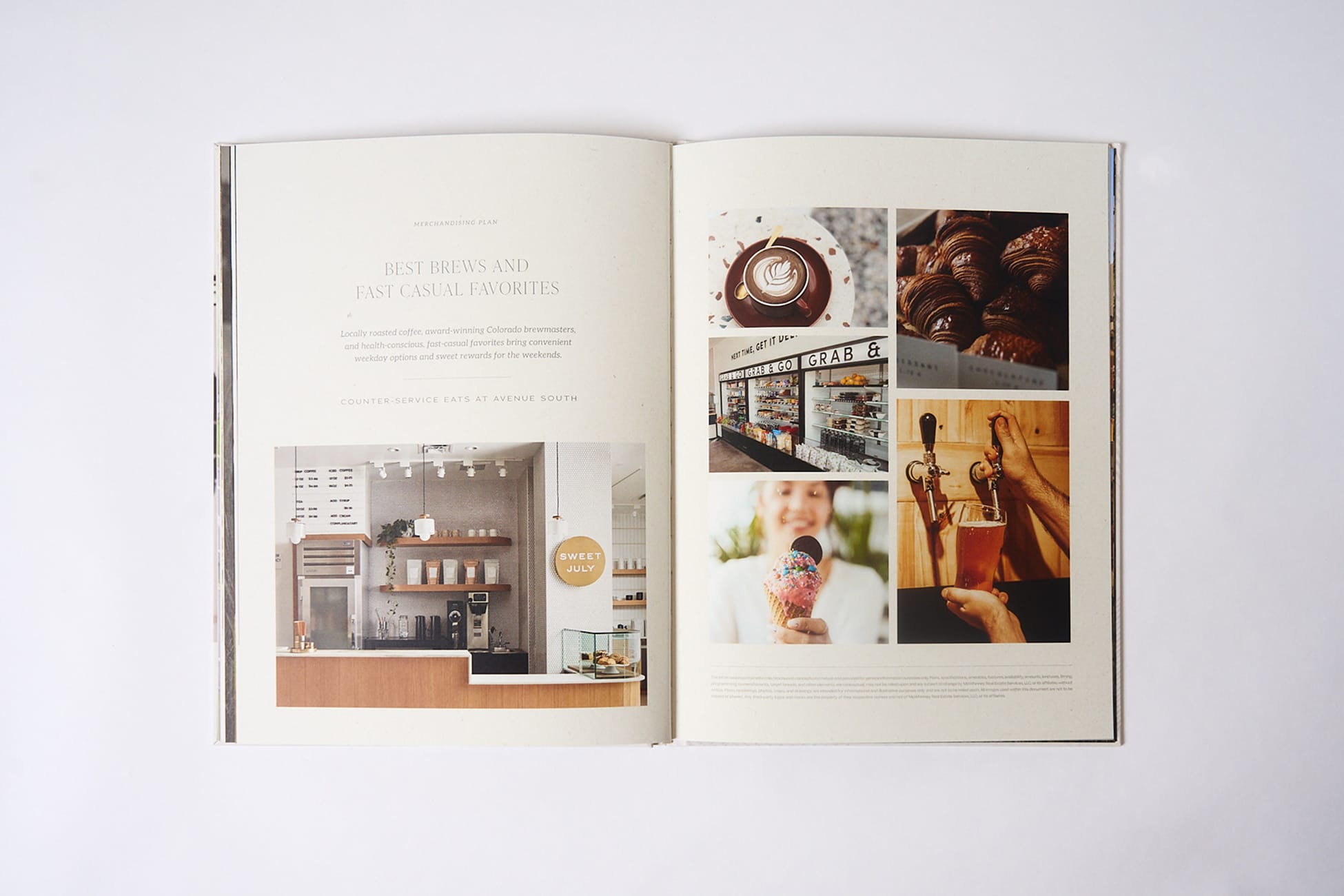 Open brand book spread titled "Best Brews and Fast Casual Favorites" with coffee shop counter, latte art, croissants, and beer tap photography, brand identity book design by RSM Design.